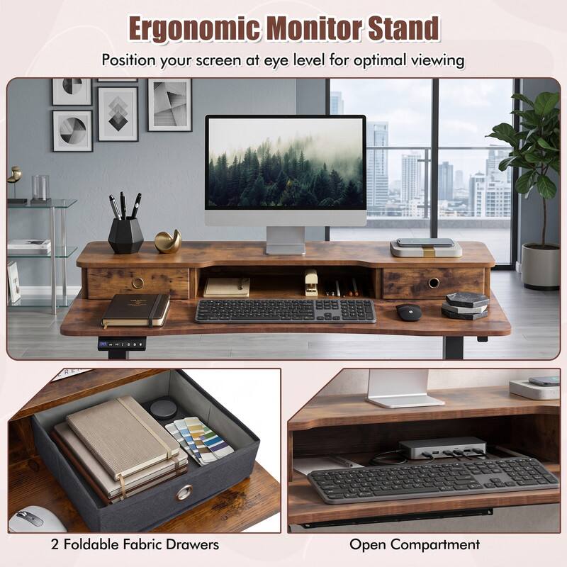 Ergonomic Monitor Stand  
Position your screen at eye level for optimal viewing  

2 Foldable Fabric Drawers  
Open Compartment