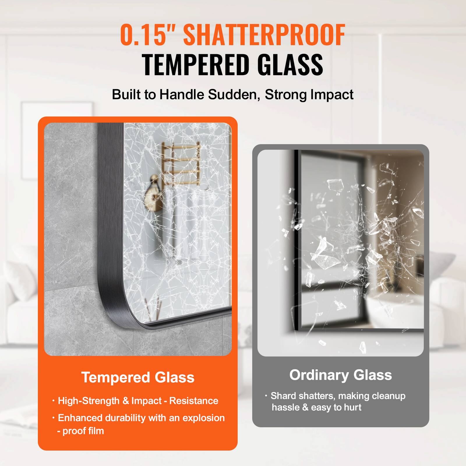 0.15" SHATTERPROOF TEMPERED GLASS  
Built to Handle Sudden, Strong Impact  

Tempered Glass  
- High-Strength & Impact Resistance  
- Enhanced durability with an explosion-proof film  

Ordinary Glass  
- Shard shatters, making cleanup hassle & easy to hurt
