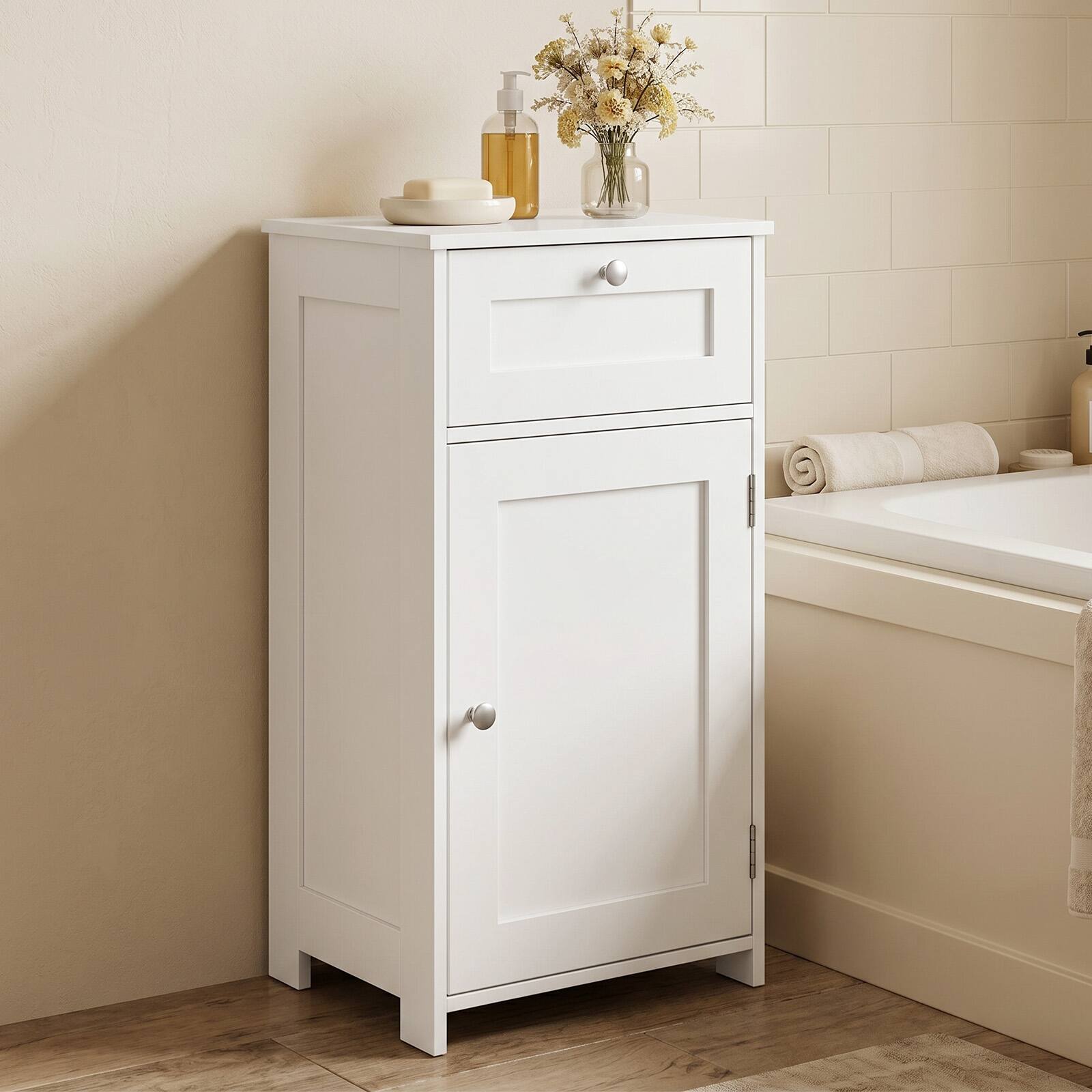 Alt View 1. Costway - Costway Floor Storage Cabinet Bathroom Organizer Cupboard Drawer Shelf Bath Towel White - White.