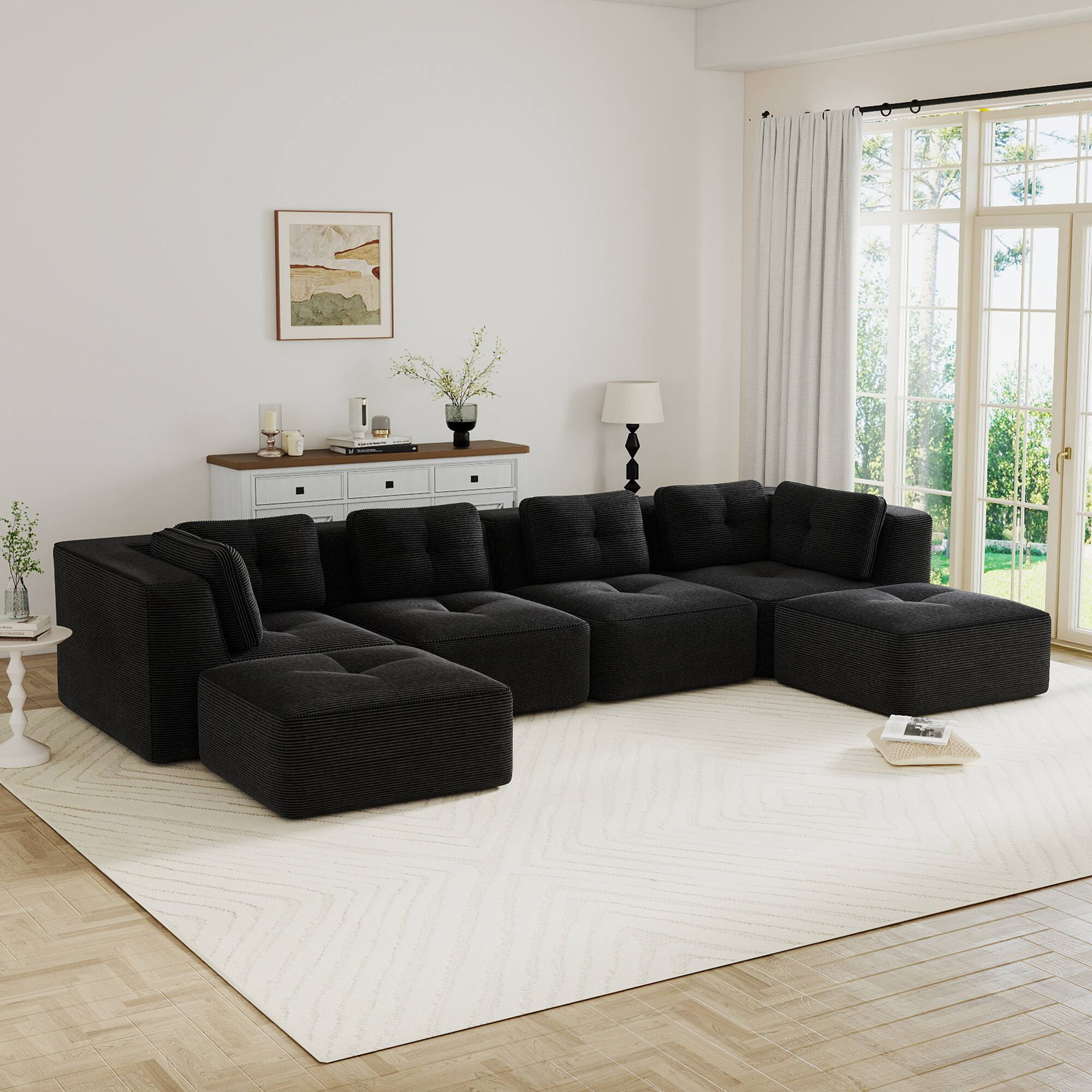 Angle. LOVMOR - 4 Seater Corduroy Sectional Couch U Shaped Modular Deep Seat Storage Ottoman No Assembly Tufted For Soft TV XL - Black.