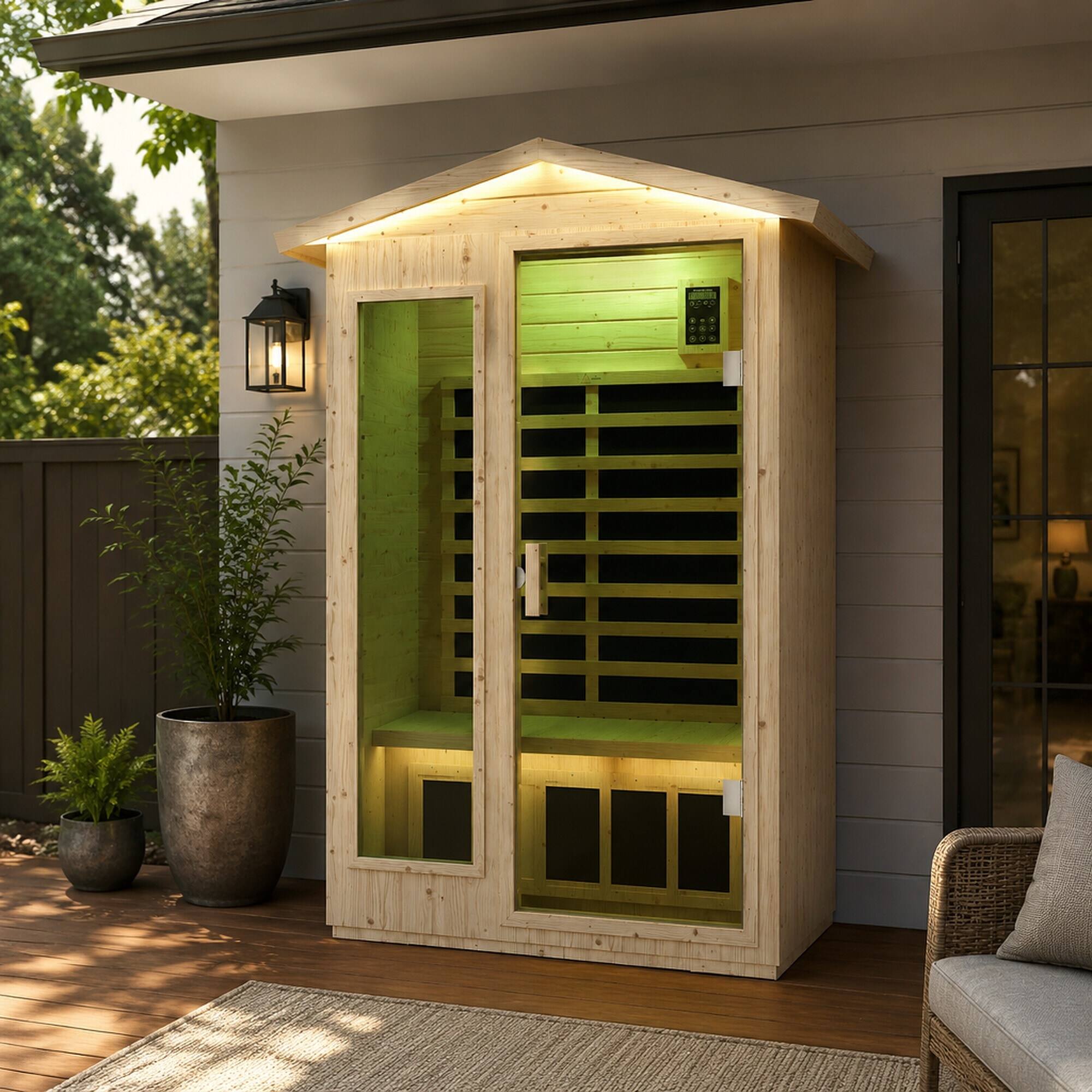 Left. RYHNUYNE - Far Infrared Sauna Room, Norway Spruce Wood, 6 Heating Plates, 1850W, Home Spa - Natural Wood.