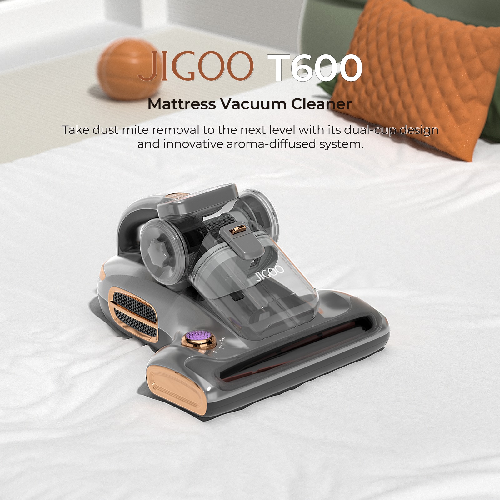 JICOO T600 Mattress Vacuum Cleaner: Take dust mite removal to the next level with its dual-cup design and innovative aroma-diffused system.