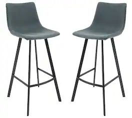 LeisureMod - Elland 2 Pcs Modern Upholstered Leather Bar Stool with Iron Legs and Footrest, Counter Height Dining Stool - Peacock Blue
