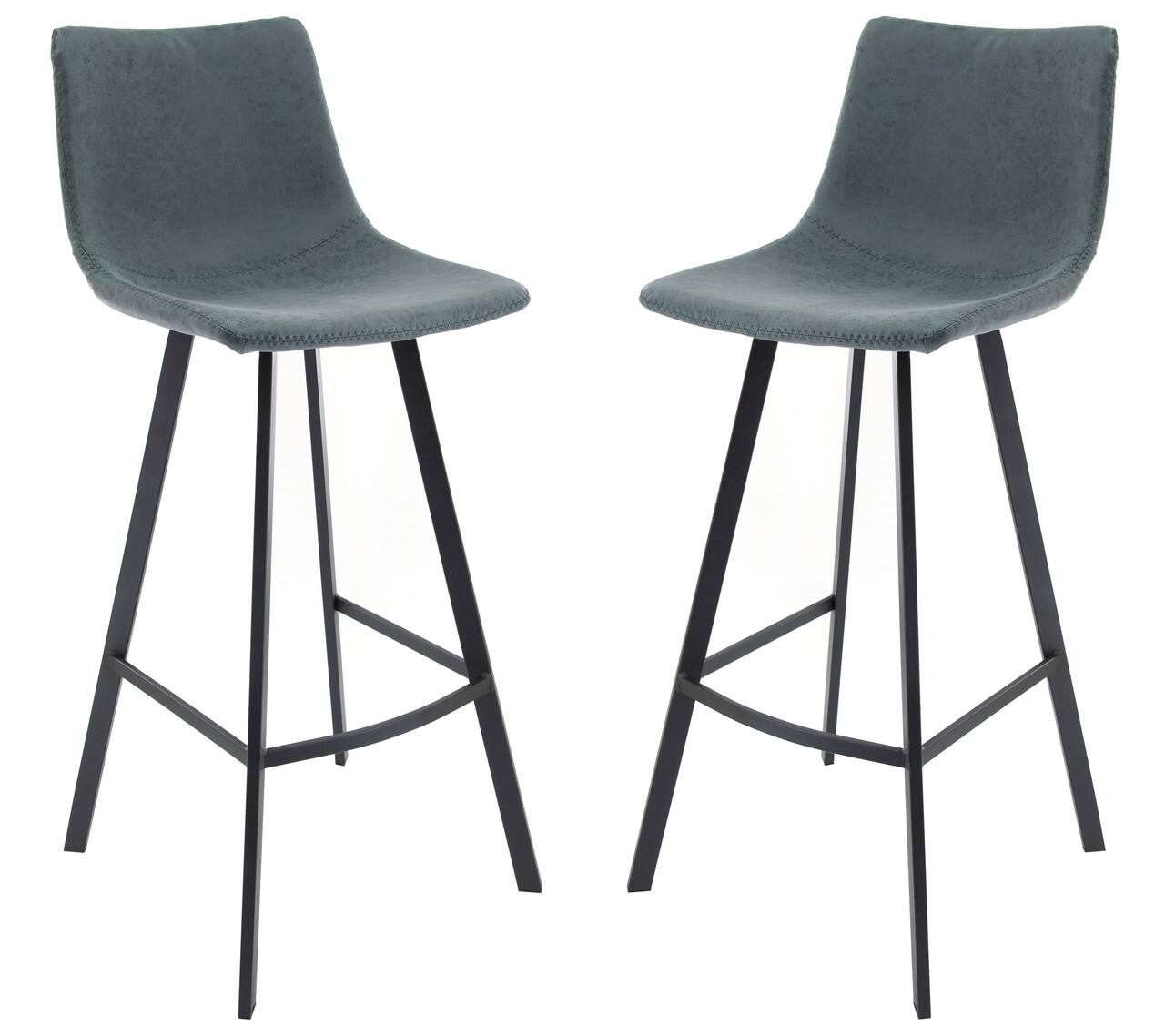 LeisureMod - Elland 2 Pcs Modern Upholstered Leather Bar Stool with Iron Legs and Footrest, Counter Height Dining Stool - Peacock Blue