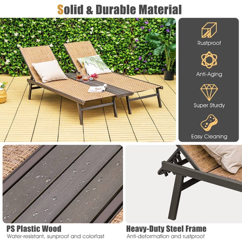 Solid & Durable Material

- Rustproof
- Anti-Aging
- Super Sturdy
- Easy Cleaning

PS Plastic Wood
- Water-resistant, sunproof and colorfast

Heavy-Duty Steel Frame
- Anti-deformation and rustproof