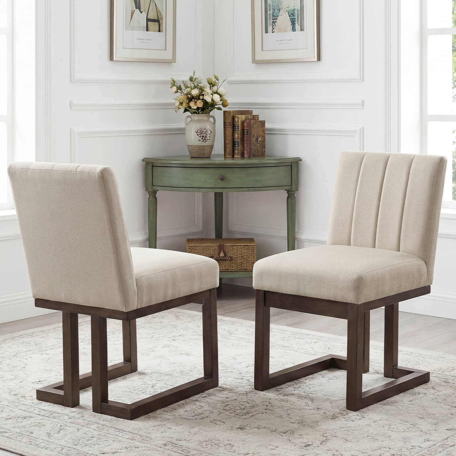 Alt View 1. Costway - Costway 2PCS Wooden Dining Chairs Modern Farmhouse Fabric Upholstered Kitchen Chairs - Walnut.