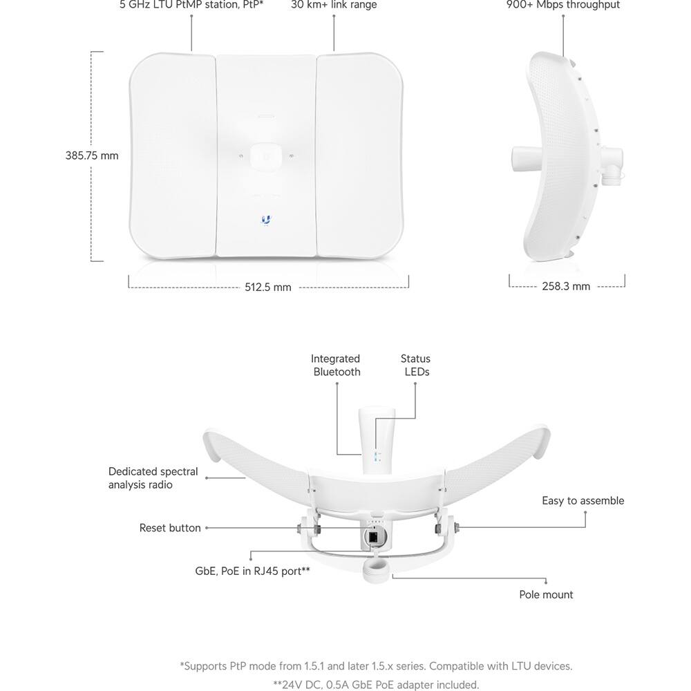 5 GHz LTU PtMP station, PtP  
30 km+ link range  
900+ Mbps throughput  
385.75 mm  
512.5 mm  
258.3 mm  

Integrated Bluetooth  
Status LEDs  
Dedicated spectral analysis radio  
Easy to assemble  
Reset button  
GbE, PoE in RJ45 port**  

*Supports PtP mode from 1.5.1 and later 1.5.x series. Compatible with LTU devices.  
**24V DC, 0.5A GbE PoE adapter included.