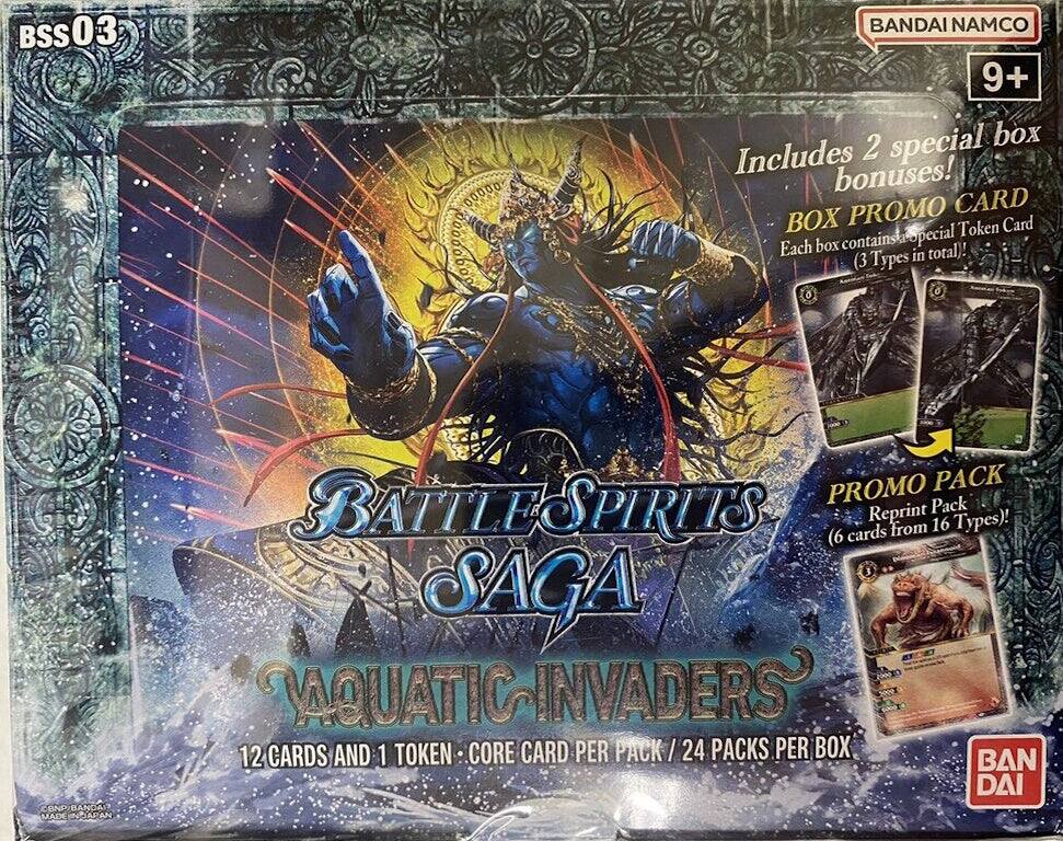 BSS03 BANDAI NAMCO 9+  
Includes 2 special box bonuses!  
PROMO CARD BOX Token Card  
Each box contains a special Token Card (3 Types in total)!  
LE PROMO PACK  
BATTLESPIRITS Reprint Pack (6 cards from 16 Types)!  
12 CARDS AND 1 TOKEN CORE CARD PER PACK / 24 PACKS PER BOX  
BANDAI