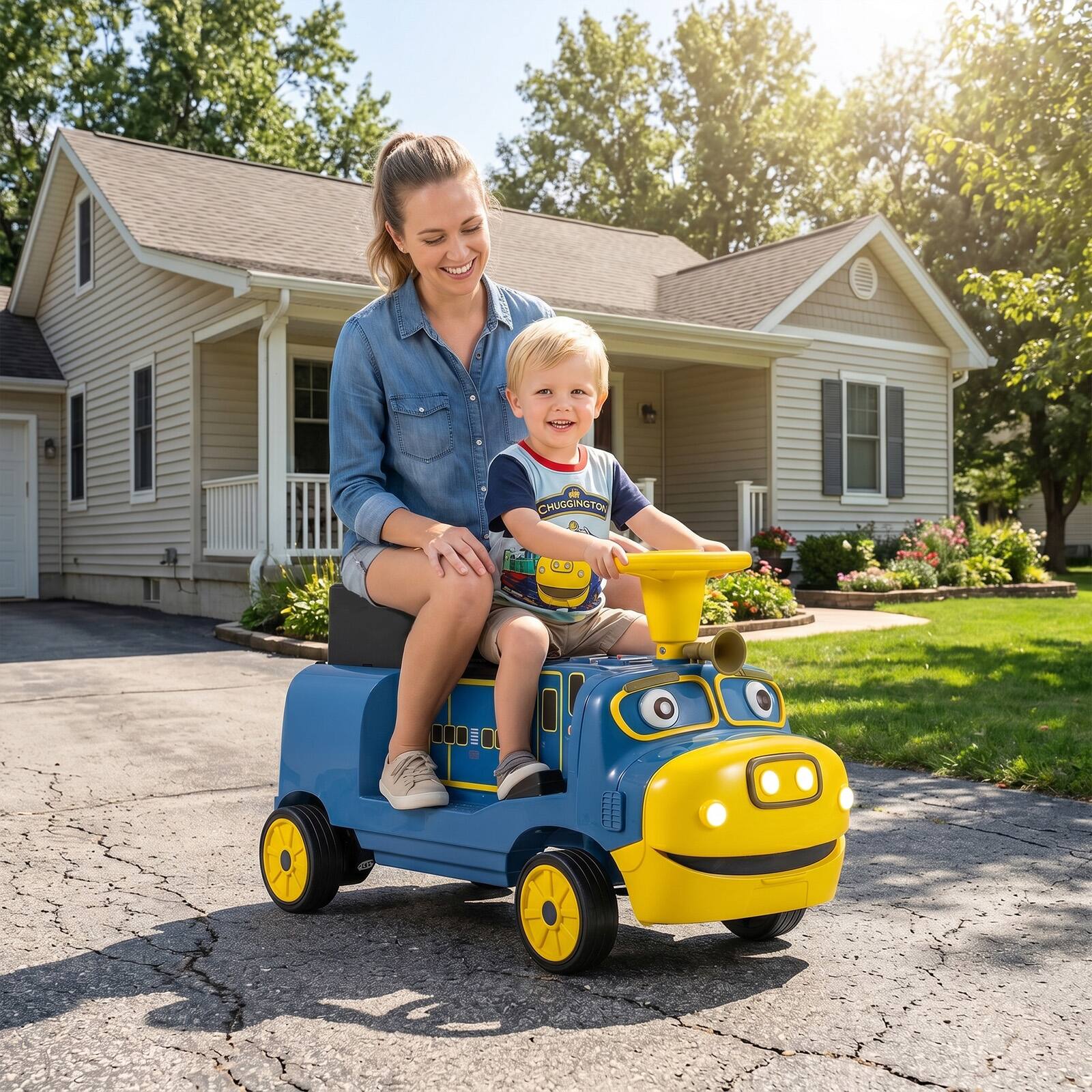 Alt View 1. Costway - Costway 2-Seater Ride on Train,Licensed Chuggington Electric Vehicle with Adjustable Seat - Yellow & Blue.