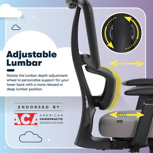 Adjustable Lumbar  
Rotate the lumbar depth adjustment wheel to personalize support for your lower back with a more relaxed or deep lumbar position.  

ENDORSED BY  
AMERICAN CHIROPRACTIC ASSOCIATION