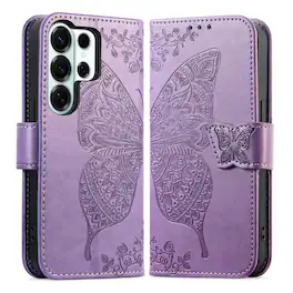 Dteck - Wallet Case for Samsung Galaxy S26 Ultra, Embossed Butterfly Pattern Leather Card Slots Flip Stand Cover+Strap - Lightpurple