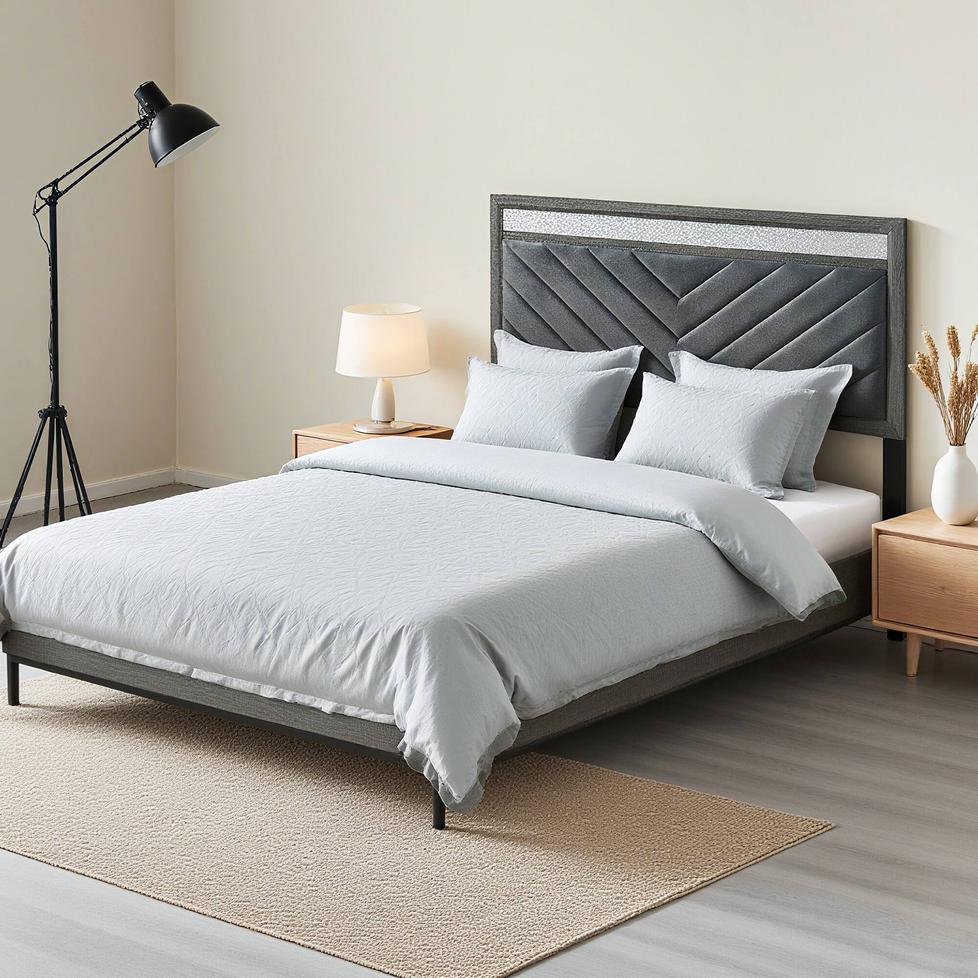 Left. Vaczon - Modern Upholstered Storage Platform Bed Frame with Footboard Drawers, Padded Headboard and Solid Slat Support - Gray.