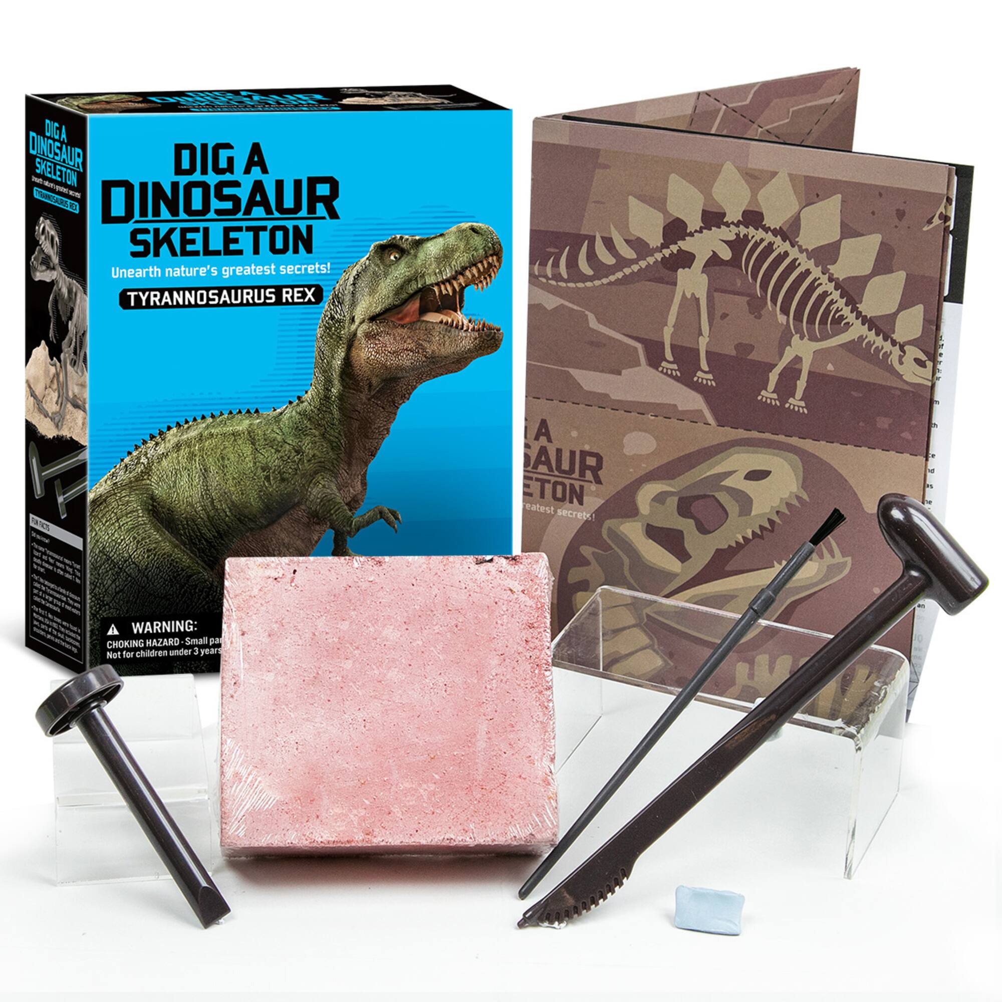 DIG A DINOSAUR SKELETON  
Unearth nature's greatest secrets!  
TYRANNOSAURUS REX  

WARNING: CHOKING HAZARD - Small parts. Not for children under 3 years