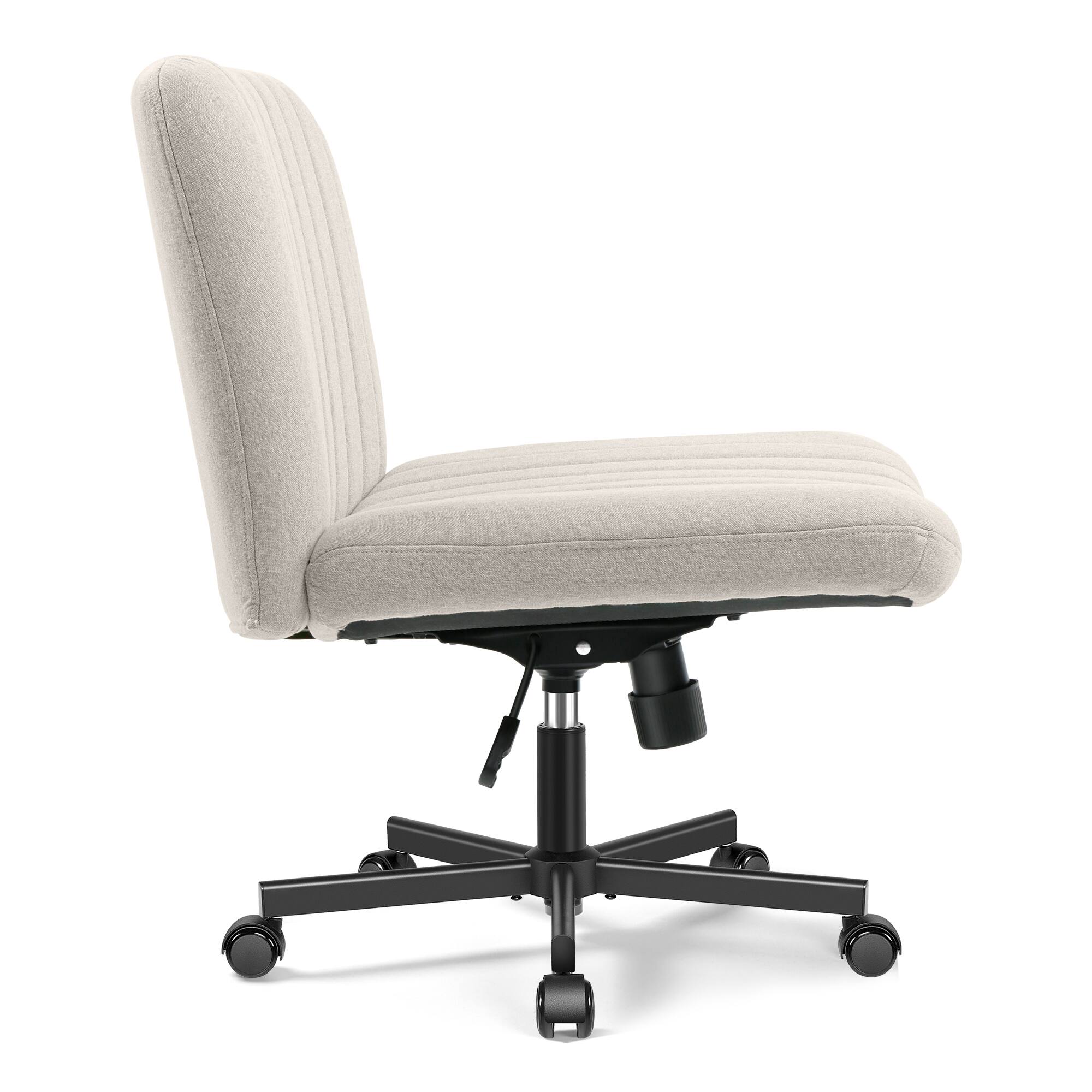 Left. Brick Attic - Criss Cross Chair with Wheels, Wide Cross Legged Office Desk Vanity Chair Comfy Fabric Armless Adjustable Swivel - Beige.