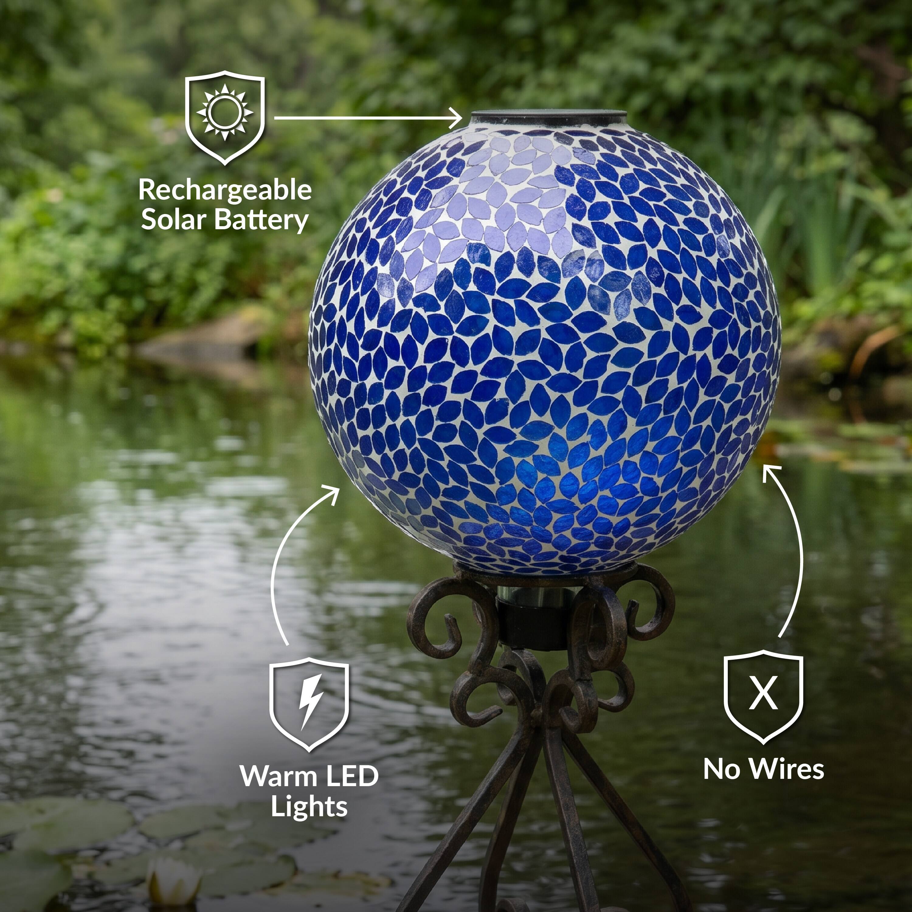 Rechargeable Solar Battery  
Warm LED Lights  
No Wires