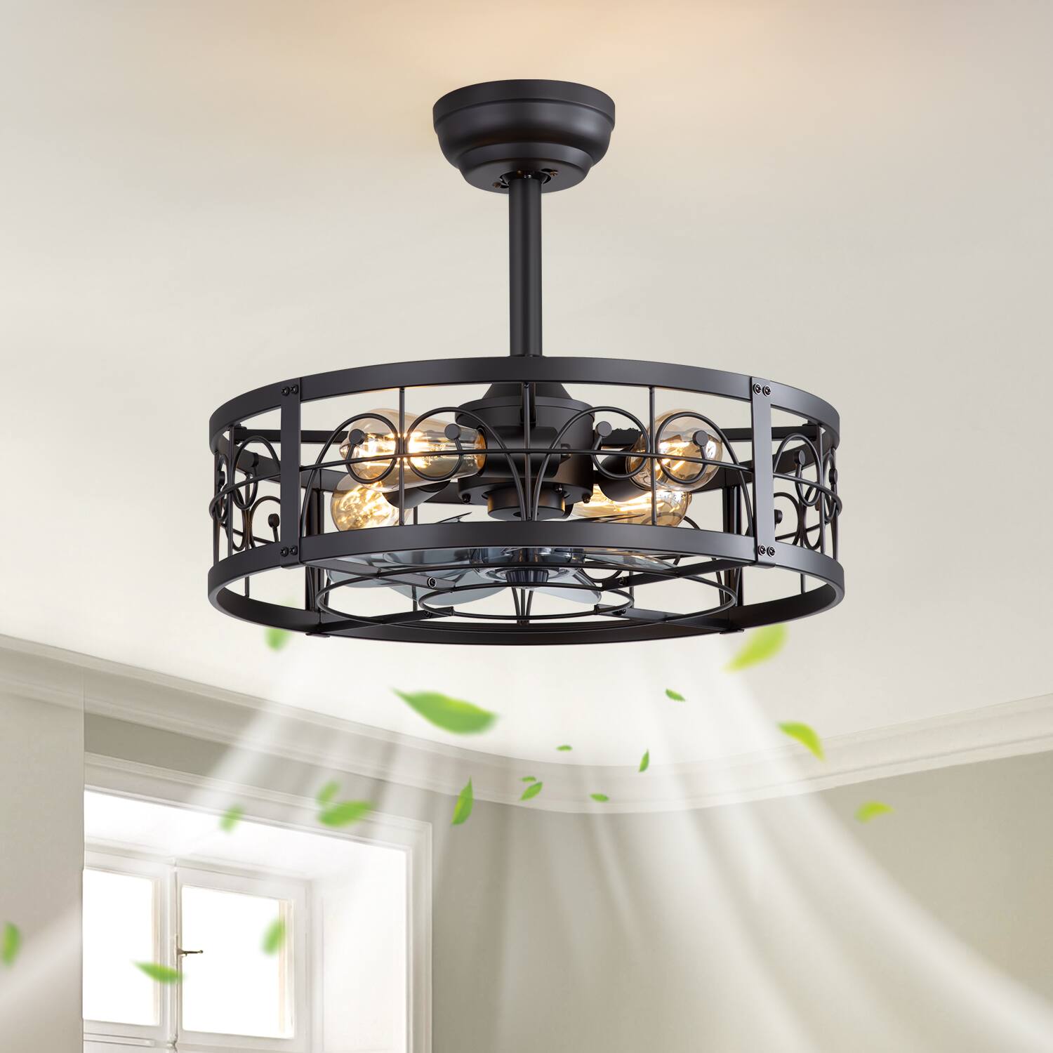 Back. Breezary - 20'' Indoor Caged Ceiling Fan with with Light Kit and Remote, KD Version, 7 ABS Blades, 6-Speed DC Motor, Timer - Matte Black.