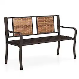 Costway - 51" Patio Metal Bench for 2-3 with Rattan Backrest & Curved Armrests for Backyard - Brown