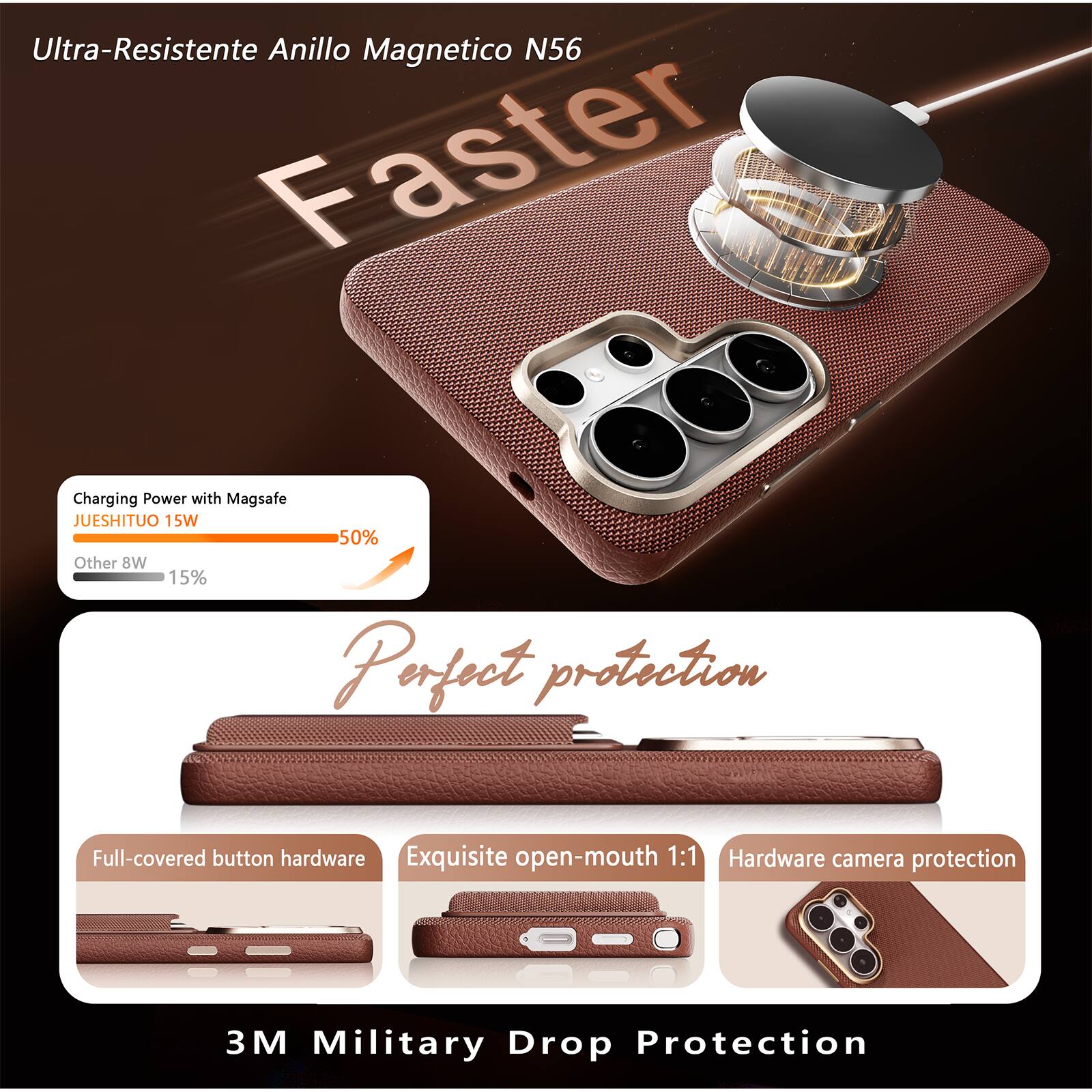 Ultra-Resistente Anillo Magnético N56  
Faster  

Charging Power with MagSafe  
JUESHITUO 15W  
50%  
Other 8W  
15%  

Perfect protection  

Full-covered button hardware  
Exquisite open-mouth 1:1  
Hardware camera protection  

3M Military Drop Protection