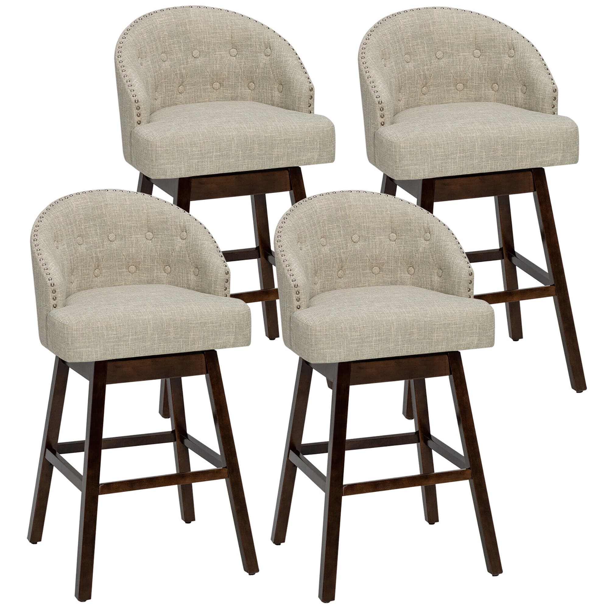 Costway - Set of 4 Swivel Bar Stools Tufted Bar Height Pub Chairs w/ Rubber Wood Legs - Beige + Brown