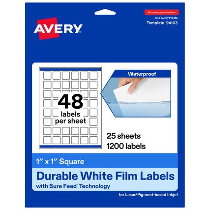 Go to avery.com/templates
Use Avery Presta™ Template 94103
Waterproof
48 labels per sheet
25 sheets
1200 labels
1" x 1" Square
Durable White Film Labels
with Sure Feed™ Technology
for Laser/Pigment-based Inkjet