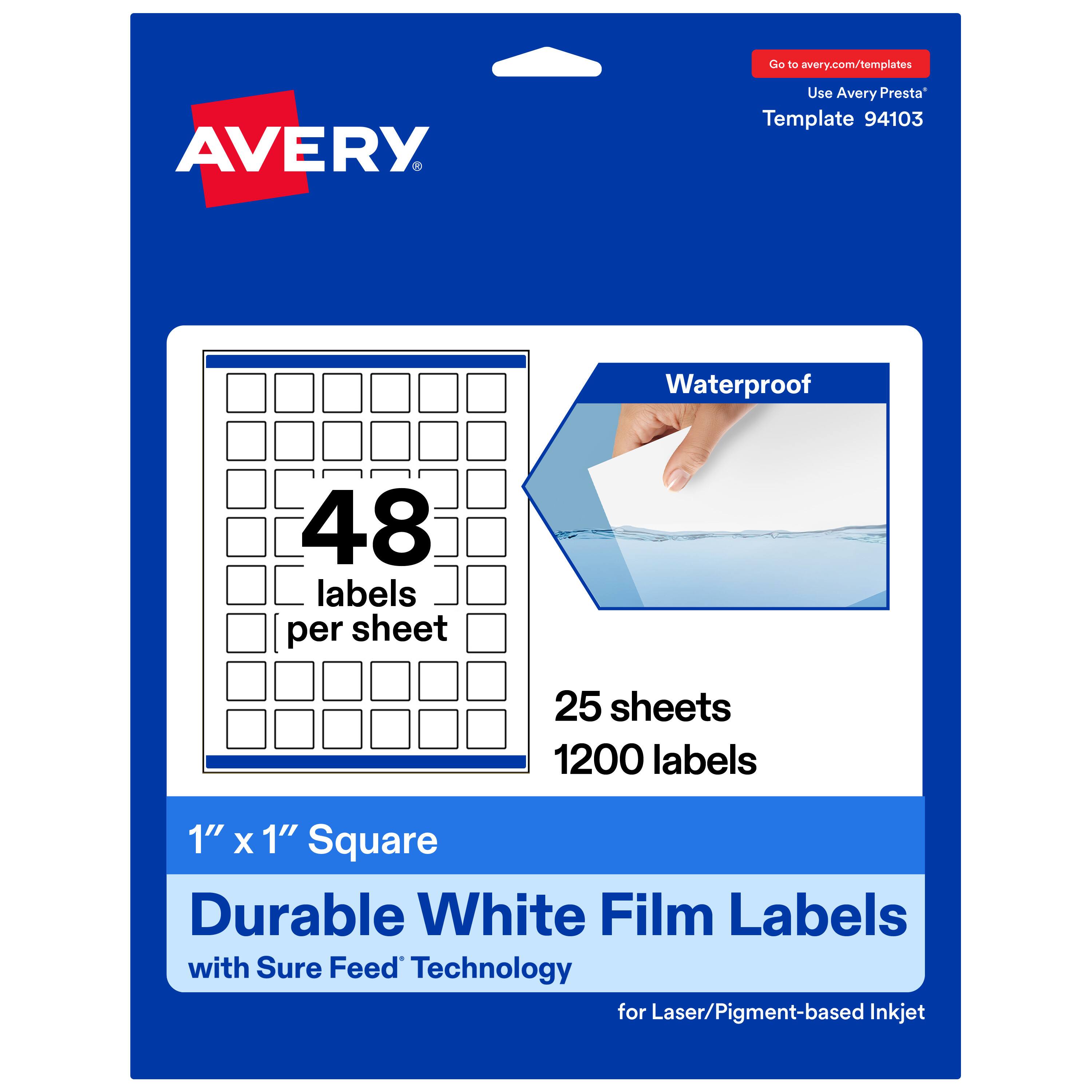 Go to avery.com/templates  
Use Avery Presta™ Template 94103  

Waterproof  
48 labels per sheet  
25 sheets  
1200 labels  

1" x 1" Square  
Durable White Film Labels  
with Sure Feed™ Technology  
for Laser/Pigment-based Inkjet