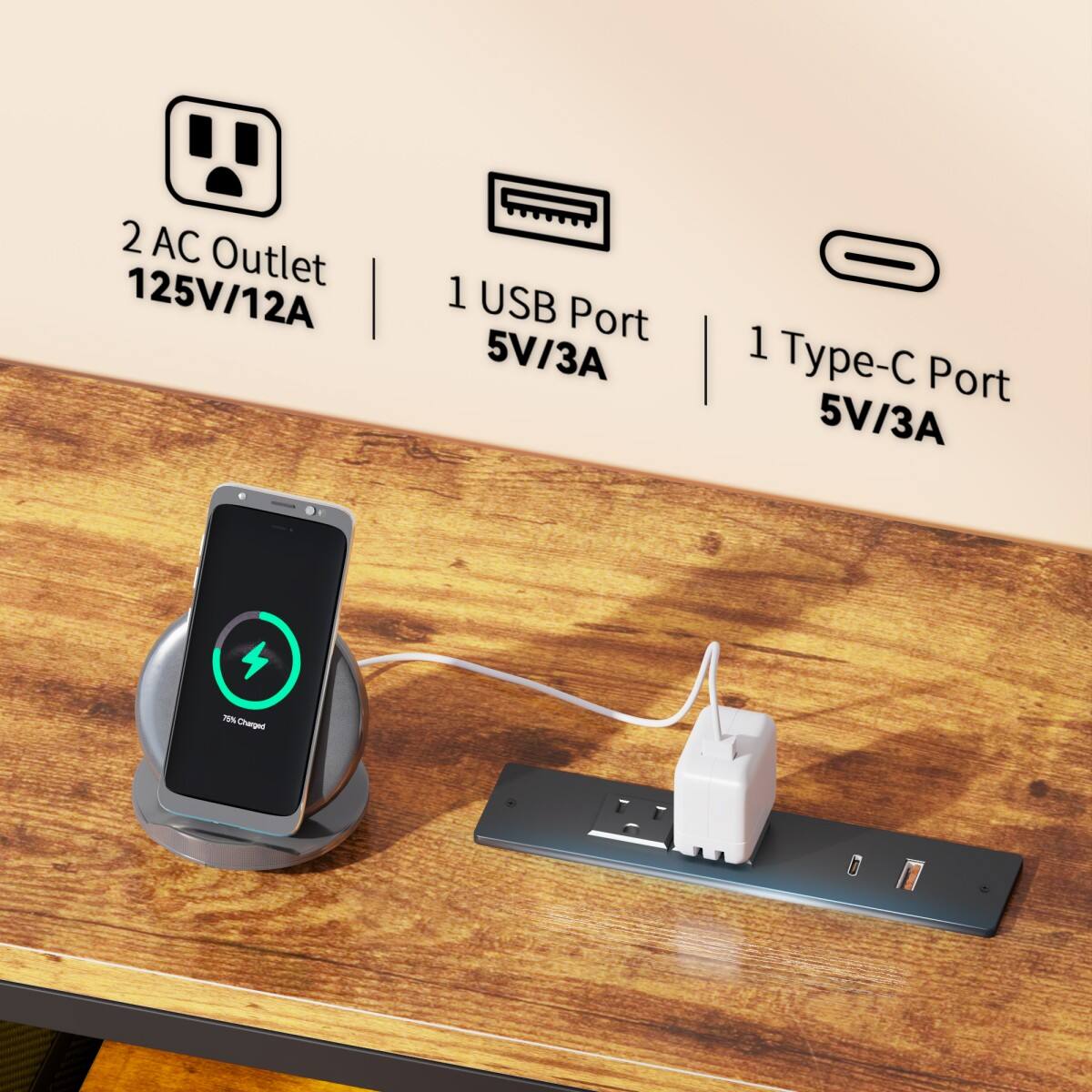 2 AC Outlet 125V/12A  
1 USB Port 5V/3A  
1 Type-C Port 5V/3A  
75% Charged