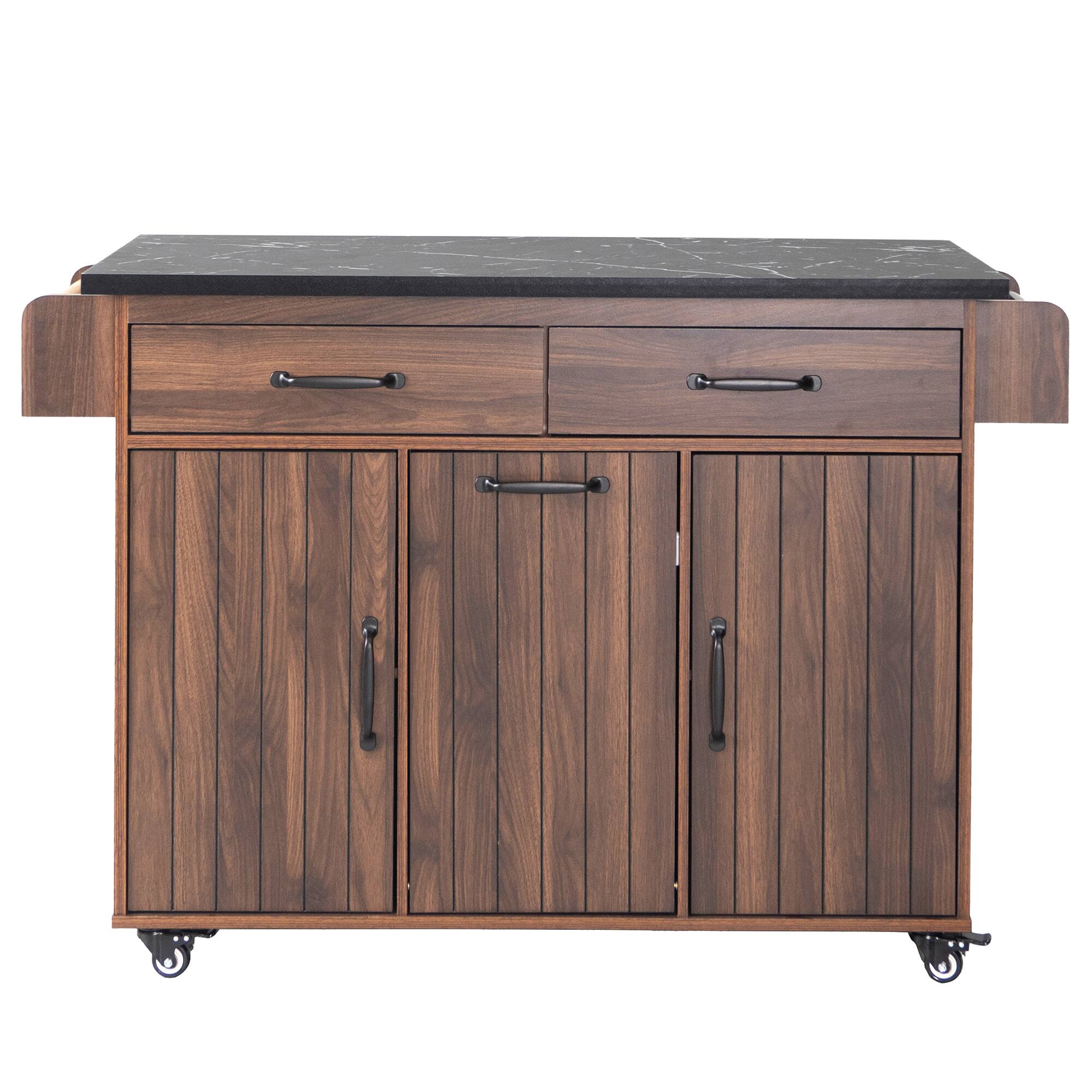Back. Whisen - Kitchen Island with Trash Can, Storage Cabinet, and Drop Leaf for Kitchen and Dining Room - Walnut Brown.