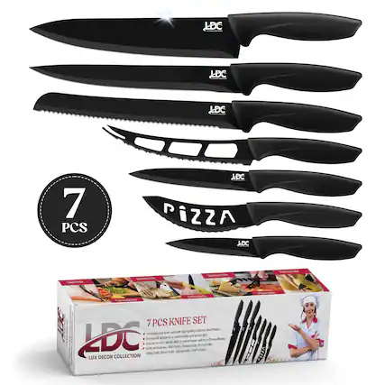 LDC LDC LDC 7 PCS LDC Pizza Cutter BeeYaie Chedter arY CB Rate Carreciatle 7 PCS KNIFE SET - Made in China ESERSAL and Can noa agn qols Conadon condaabas and ro deigh a LDC Ergotemic - dee dt o f - wh a Es d cant cTern Knde Pwring l. at includes - Nac l al Sirontv Chen CAM ne Rvad LUX DECOR COLLECTION