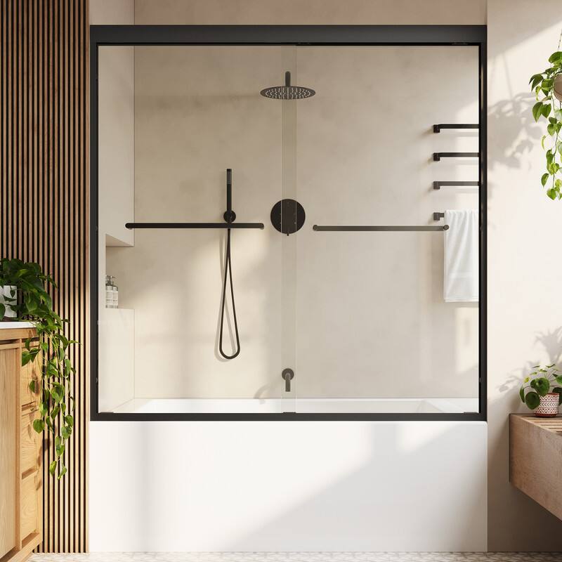 Alt View 8. WELLFOR - 56-60 in W x 60 in H Framed Shower Door with Double Sliding & Stainless Steel Towel Bar Handle, 1/4" Tempered Glass - Matte Black.