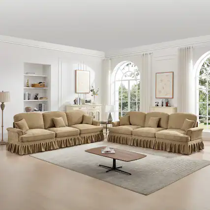 Front. Anysun - Classic 2-Piece Chenille Sofa Set (3+3 Seat Sofa) - Flared Arms, Ruffled Skirt & Spindle Legs - Coffee.