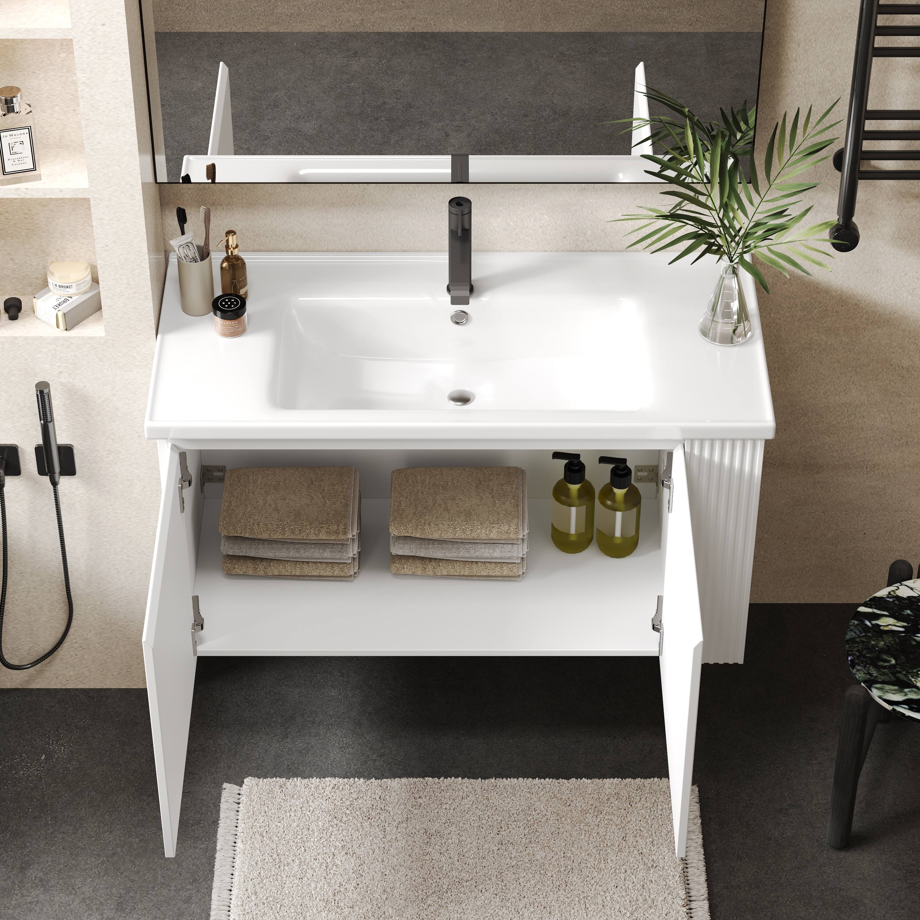 Alt View 1. Loheer - 3 ft Wall Mounted Bathroom Vanity with Ceramic Sink, Soft Close Doors and Side Shelves - White.