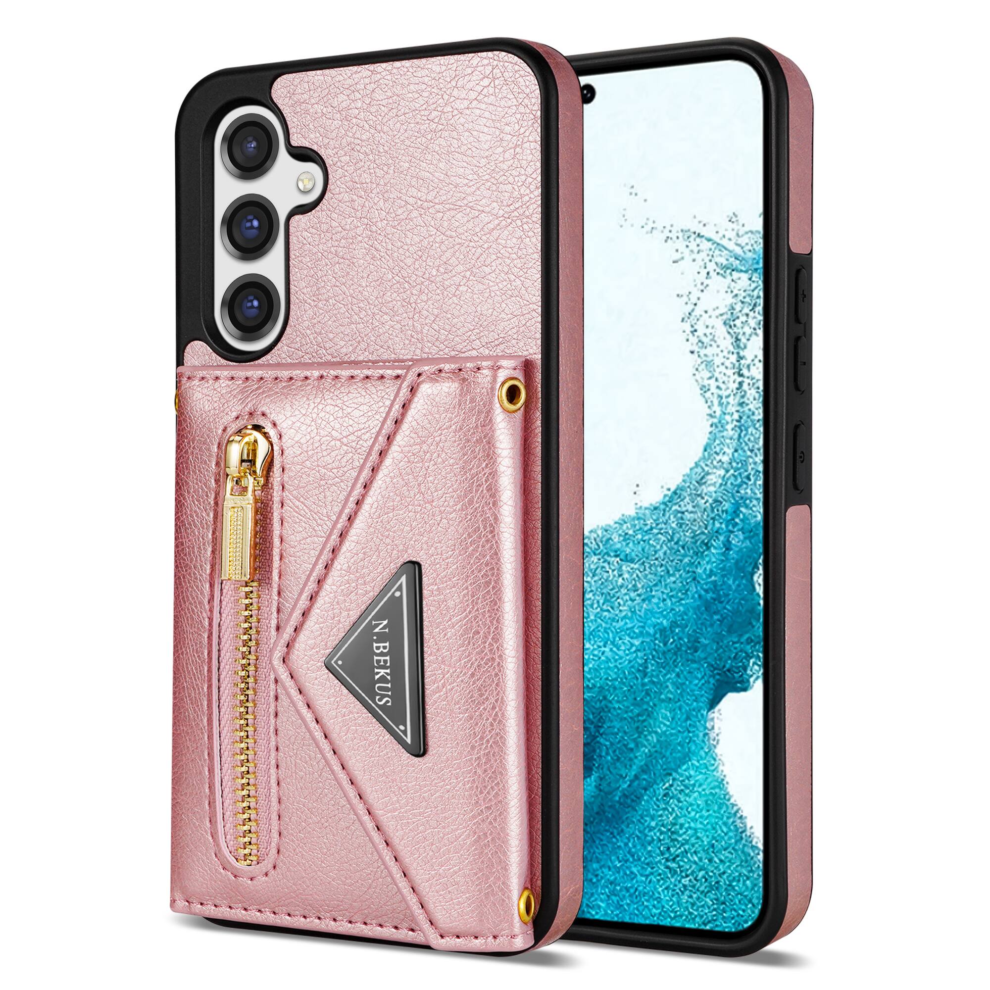 Alt View 6. Dteck - Crossbody Wallet Case for Samsung Galaxy S26, Shockproof PU Leather Stand Cover with Zipper Pocket and Card Slots - Pink.