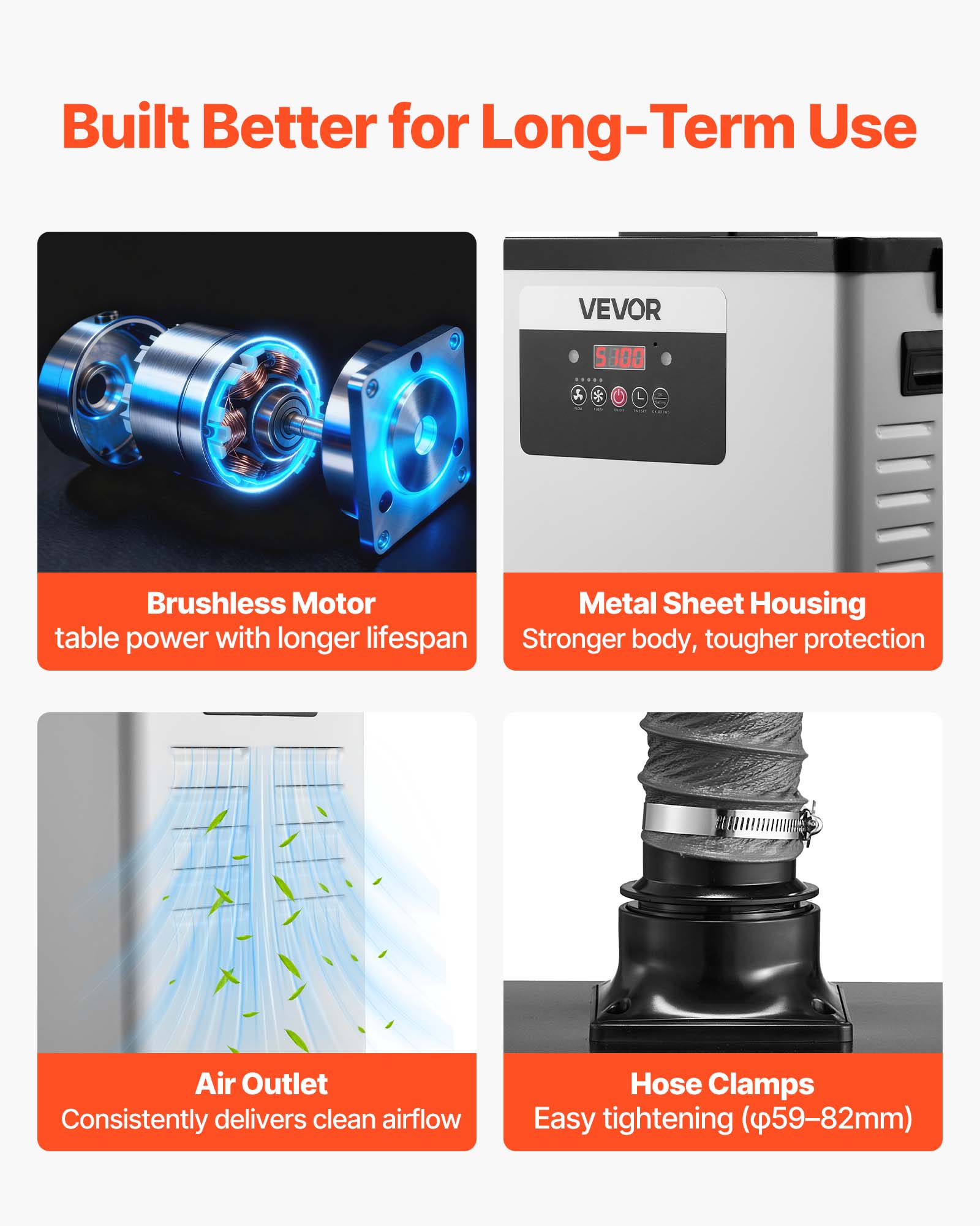 Built Better for Long-Term Use

VEVOR S 100

- Brushless Motor
  - table power with longer lifespan

- Metal Sheet Housing
  - Stronger body, tougher protection

- Air Outlet
  - Consistently delivers clean airflow

- Hose Clamps
  - Easy tightening (59-82mm)