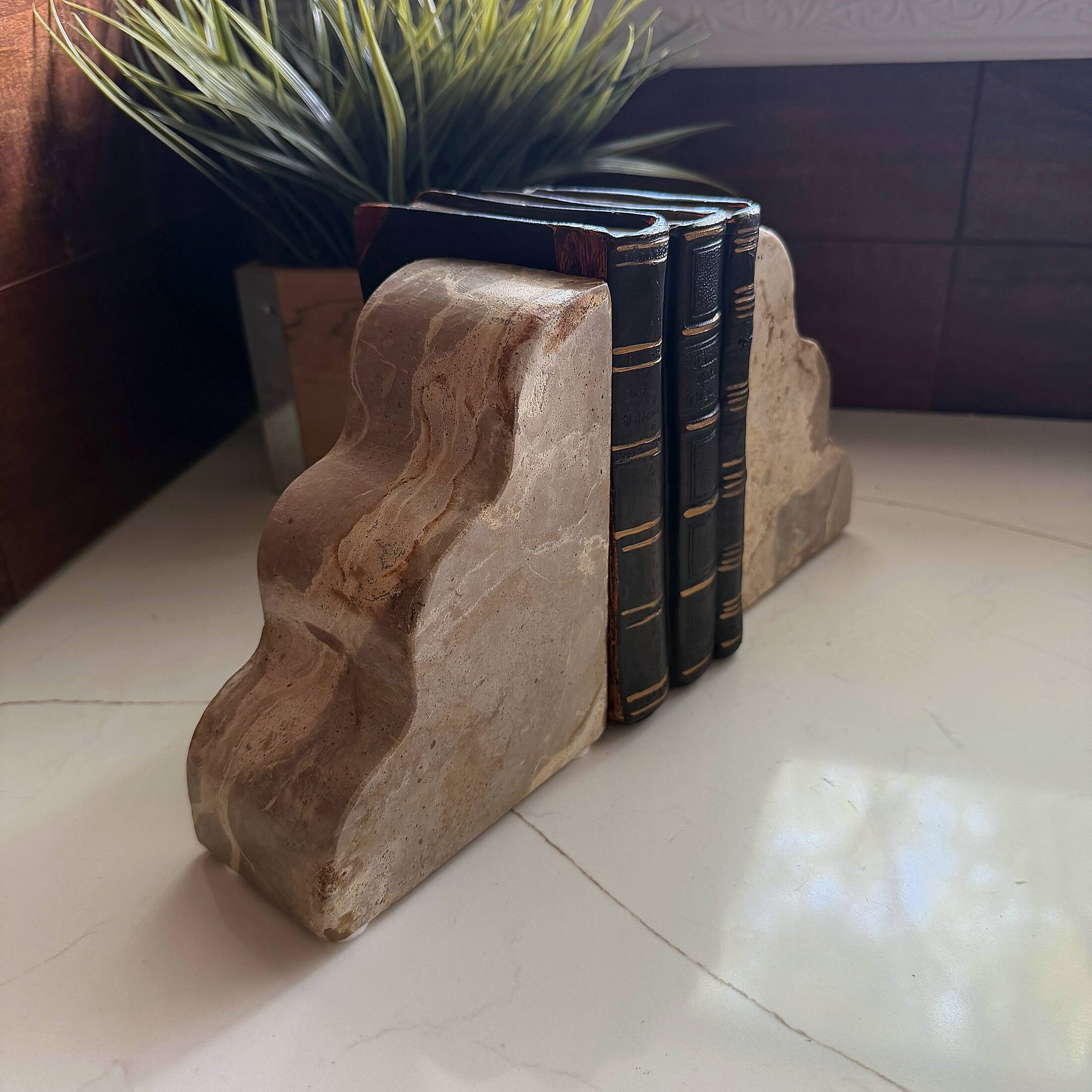 Alt View 5. Things2Die4 - Scalloped Marble Bookends Set of 2 Natural Veined Stone 9 Inch Wide Felt Pads - Natural.