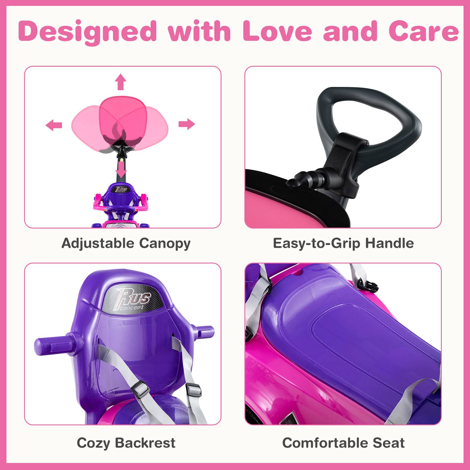 Designed with Love and Care

- Adjustable Canopy
- Easy-to-Grip Handle
- Cozy Backrest
- Comfortable Seat
