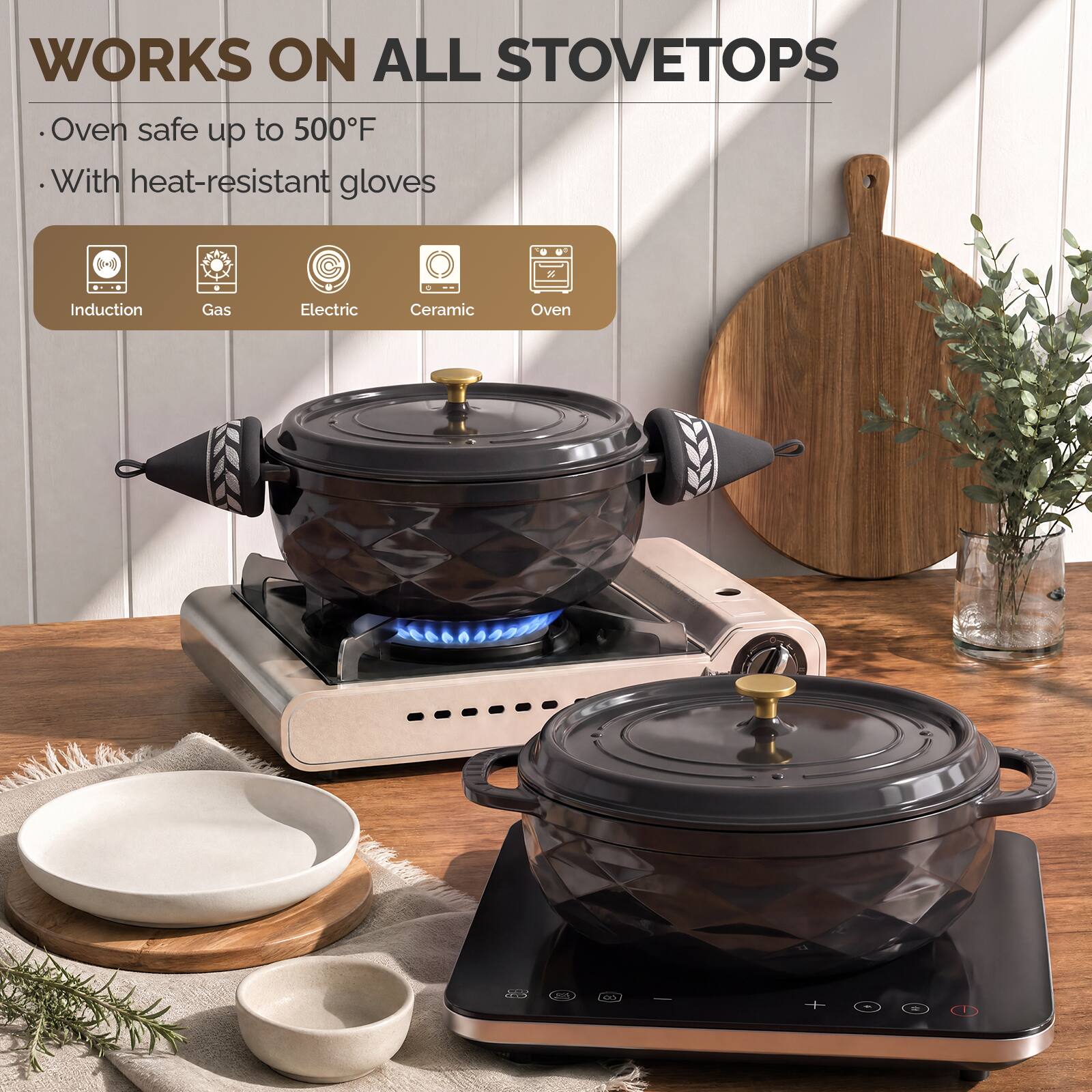 WORKS ON ALL STOVETOPS

- Oven safe up to 500°F
- With heat-resistant gloves

Induction
Gas
Electric
Ceramic
Oven