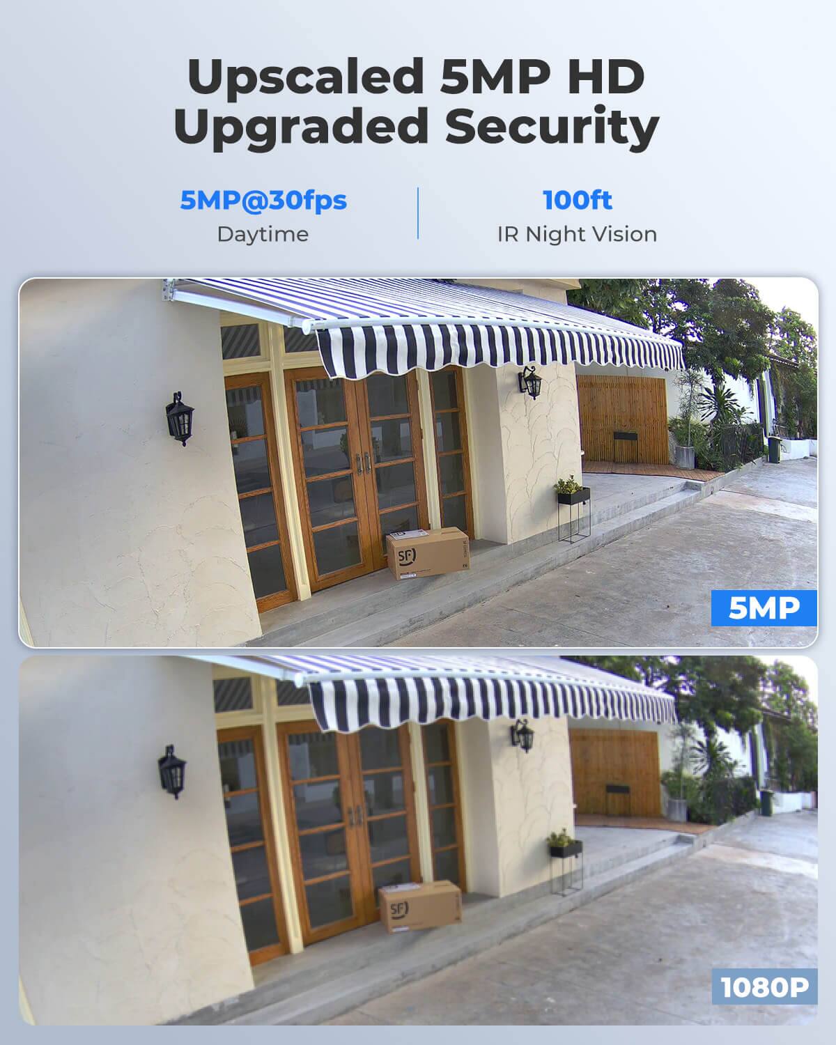 Upscaled 5MP HD Upgraded Security  
5MP@30fps  
100ft  
Daytime IR Night Vision  

SF  
5MP  
SF  
1080P