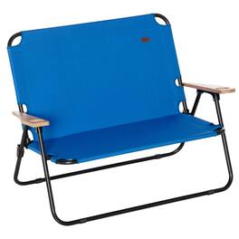 Outsunny - Double Folding Camping Chair, Loveseat for 2 Adults, Portable Camping Couch with Wood Armrest & Cupholders - Blue