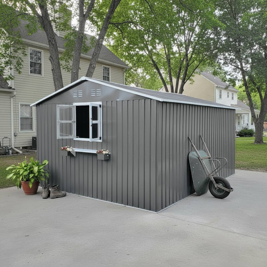 Back. Anysun - 12x10 FT Outdoor Metal Storage Shed with 3 Clear Windows & Decorative Flower Rack – Lockable Single Door, Heavy Duty - Gray.