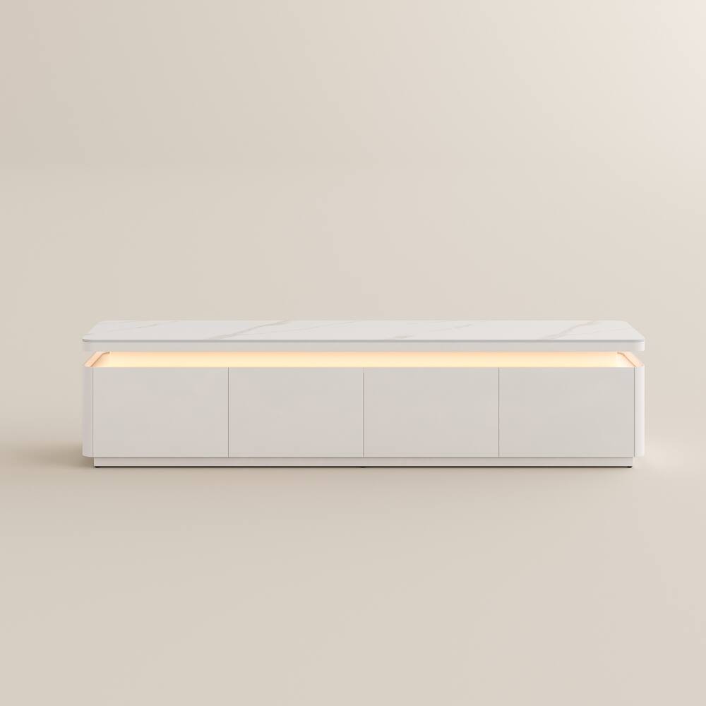 Alt View 8. POVISON - 71" Fully Assembled White Glossy Sintered Stone Mid-Century TV Stand with LED Lights and Drawers for 65 to 75 In TVs - White MDF.