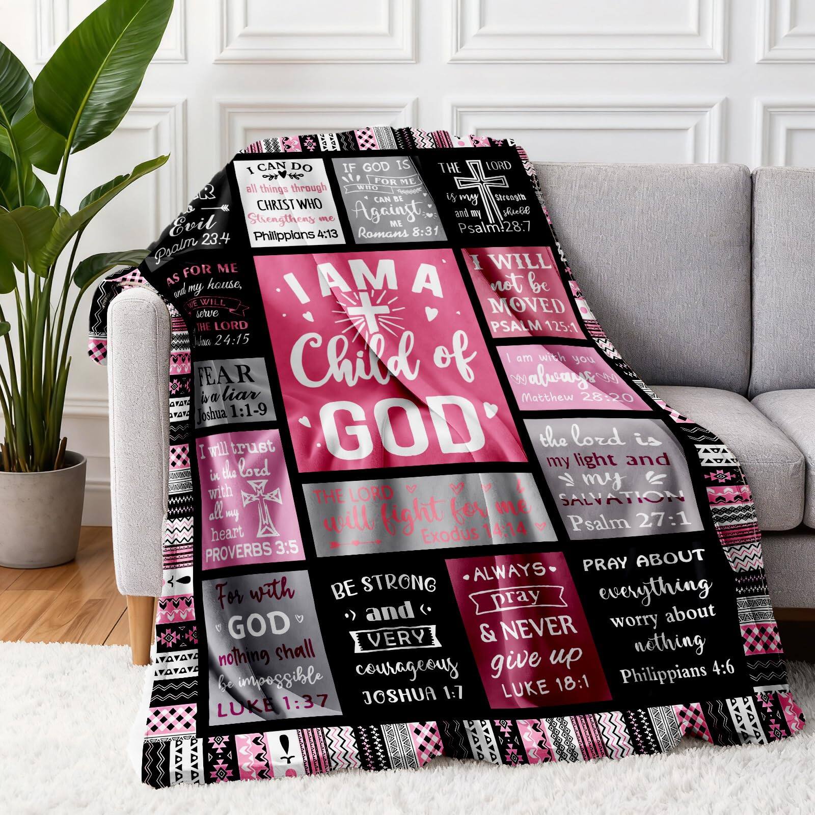 Sure, here is the corrected and grouped text from the image:

---

**Top Left:**
- "I CAN DO ALL THINGS THROUGH CHRIST WHO STRENGTHENS ME"
  - Philippians 4:13

**Top Center:**
- "IF GOD IS FOR ME, WHO CAN BE AGAINST ME?"
  - Romans 8:31

**Top Right:**
- "THE LORD IS MY STRENGTH AND MY SONG"
  - Psalm 28:7

**Middle Left:**
- "AS FOR ME AND MY HOUSE, WE WILL SERVE THE LORD"
  - Joshua 24:15

**Middle Center:**
- "I WILL NOT BE MOVED"
  - Psalm 125:1

**Middle Right:**
- "I AM ALWAYS WITH YOU"
  - Matthew 28:20

**Bottom Left:**
- "FEAR NOT"
  - Isaiah 41:10

**Bottom Center:**
- "I AM A CHILD OF GOD"

**Bottom Right:**
- "THE LORD IS MY LIGHT AND MY SALVATION"
  - Psalm 27:1

**Bottom Left:**
- "I WILL TRUST IN