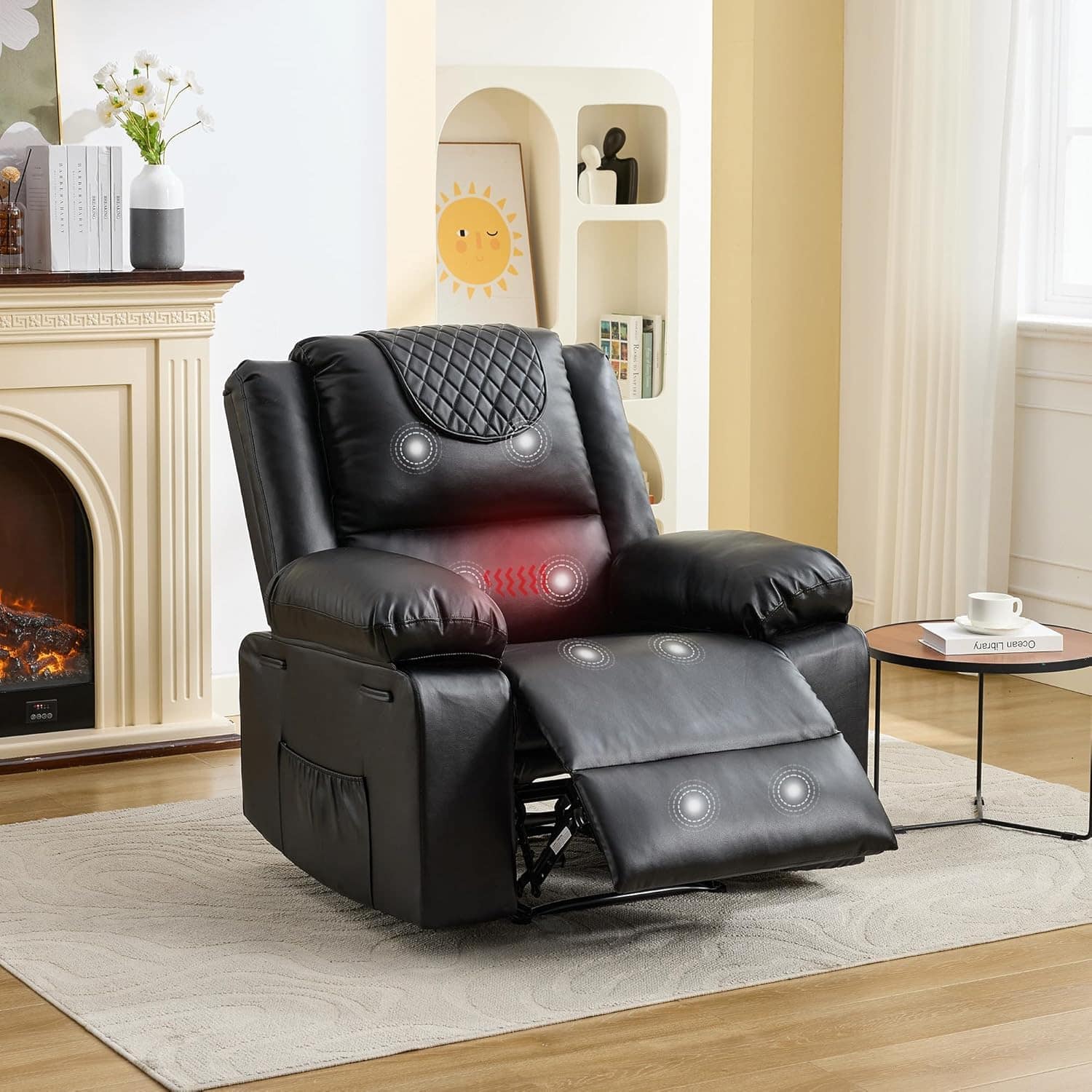 Babevy - Manual Recliner Chair with Heating & Massage, 135° Adjustable, Side Storage & Remote Control for Living Room/Bedroom - Black