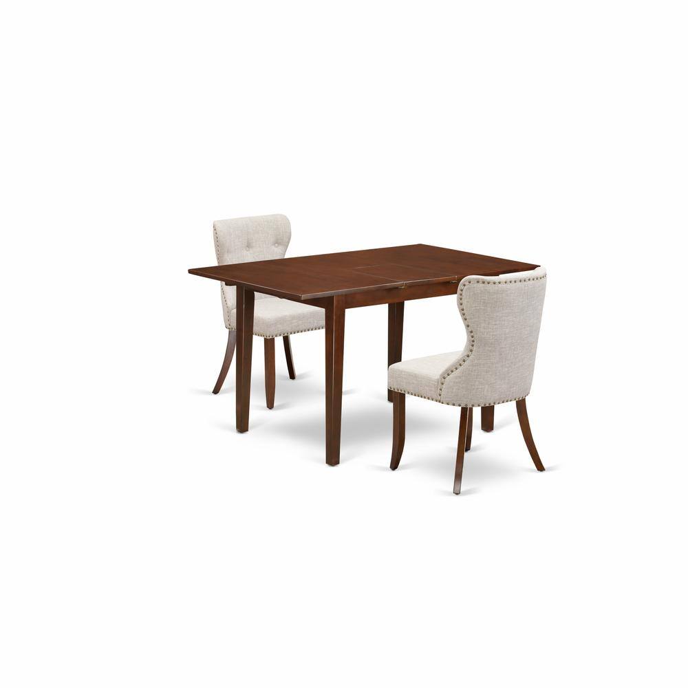 Left. East West Furniture - East-West Furniture PSSI3-MAH-35 - A dinette set of 2 fantastic parson chairs using Linen Fabric Doeskin color and an - Mahogany.