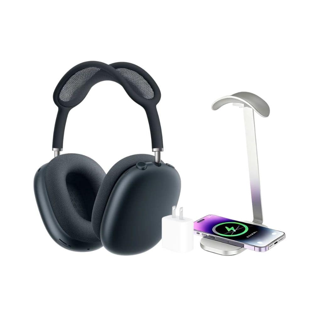 Front. Apple - Apple - AirPods Max (USB-C) - Midnight + Power Adapter, Headphone Stand/Charging Pad.