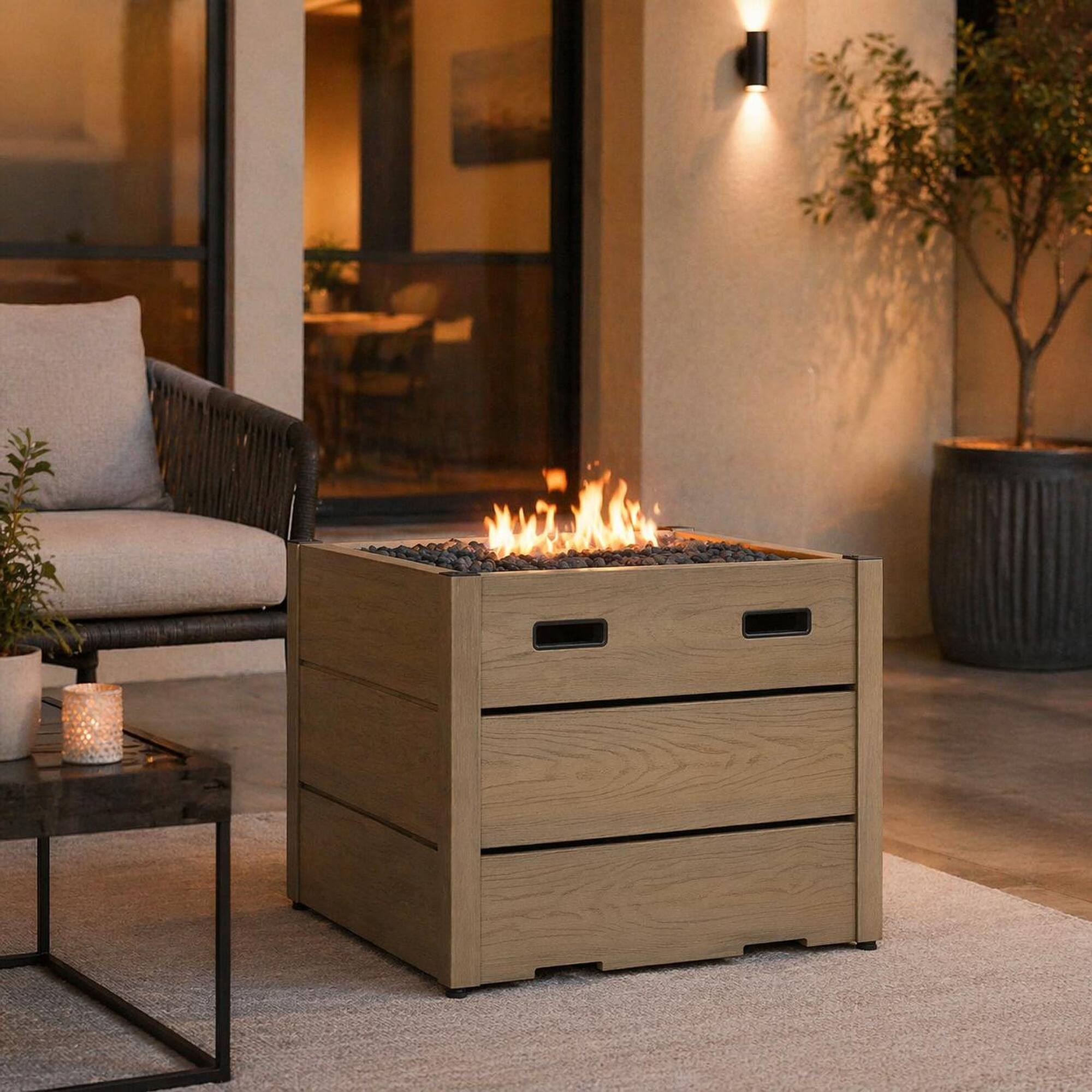 Left. RYHNUYNE - Archie Square WPC Fire Pit Base – Durable Wood-Plastic Composite Stand for Outdoor Fire Pits, Patio, Backyard, Deck - Brown.