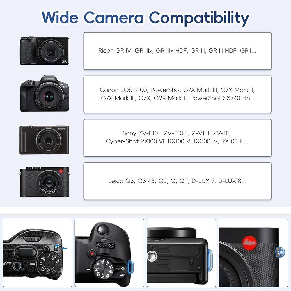 Wide Camera Compatibility

- Ricoh GR IV, GR IIIx, GR IIIx HDF, GR III, GR III HDF, GR II...
- Canon EOS R100, PowerShot G7X Mark III, G7X Mark II, G7X Mark III, G7X, G9X Mark II, PowerShot SX740 HS...
- Sony ZV-E10, ZV-E10 II, Z-V1 II, ZV-1F, Cyber-Shot RX100 VI, RX100 V, RX100 IV, RX100 III...
- Leica Q3, Q3 43, Q2, Q, QP, D-LUX 7, D-LUX 8...

OFF Av So M P tU SU EU A TV Av W C a 8 ON OFF