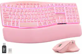 Bundle - HESVAP - Ergonomic Wireless Keyboard and Mouse Combo, 7-Color Backlight, Rechargeable, 2.4GHz USB-A/USB-C - Pink