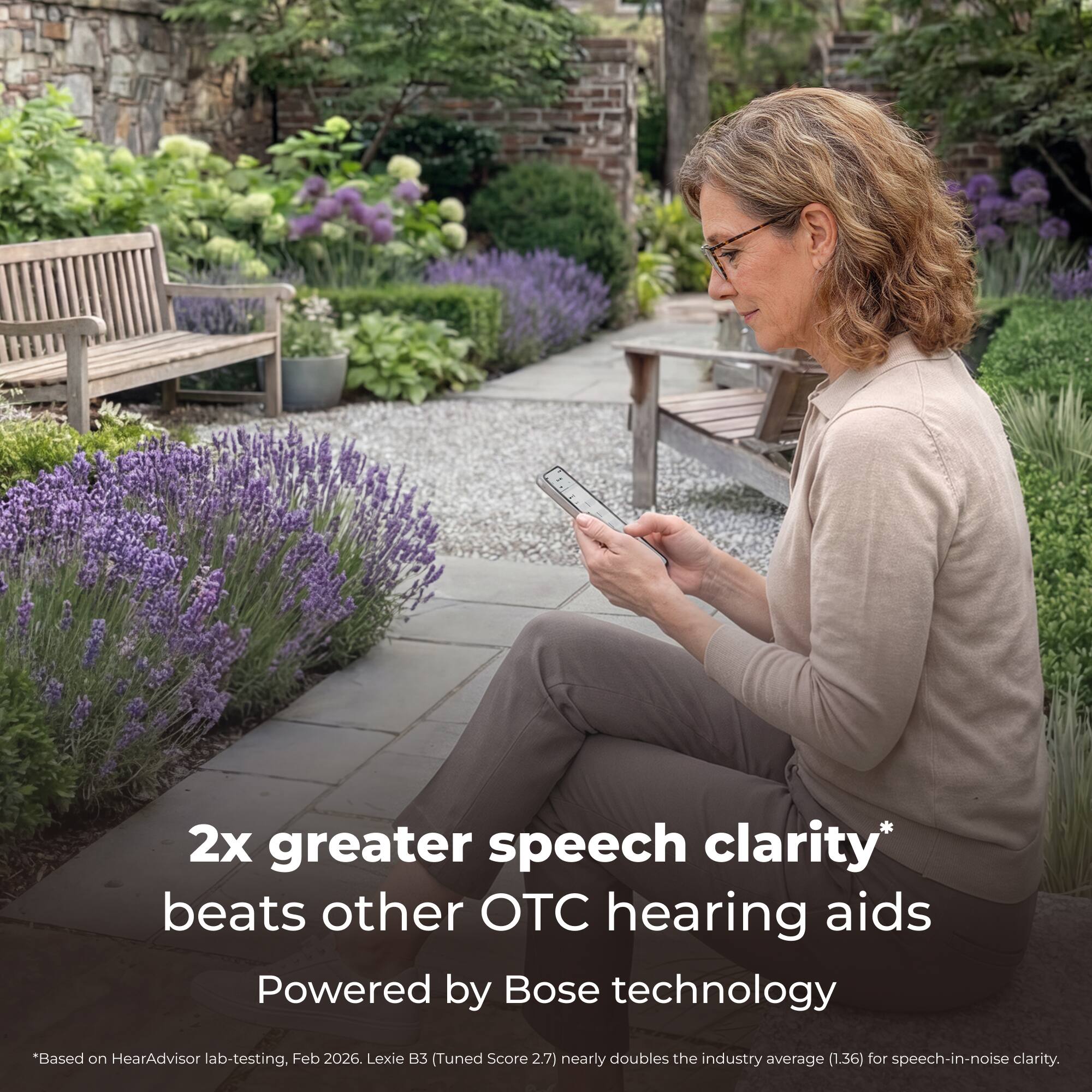 2x greater speech clarity* beats other OTC hearing aids  
Powered by Bose technology  

*Based on HearAdvisor lab-testing, Feb 2026. Lexie 85 (Tuned Score 2.7) nearly doubles the industry average (1.36) for speech-in-noise clarity.