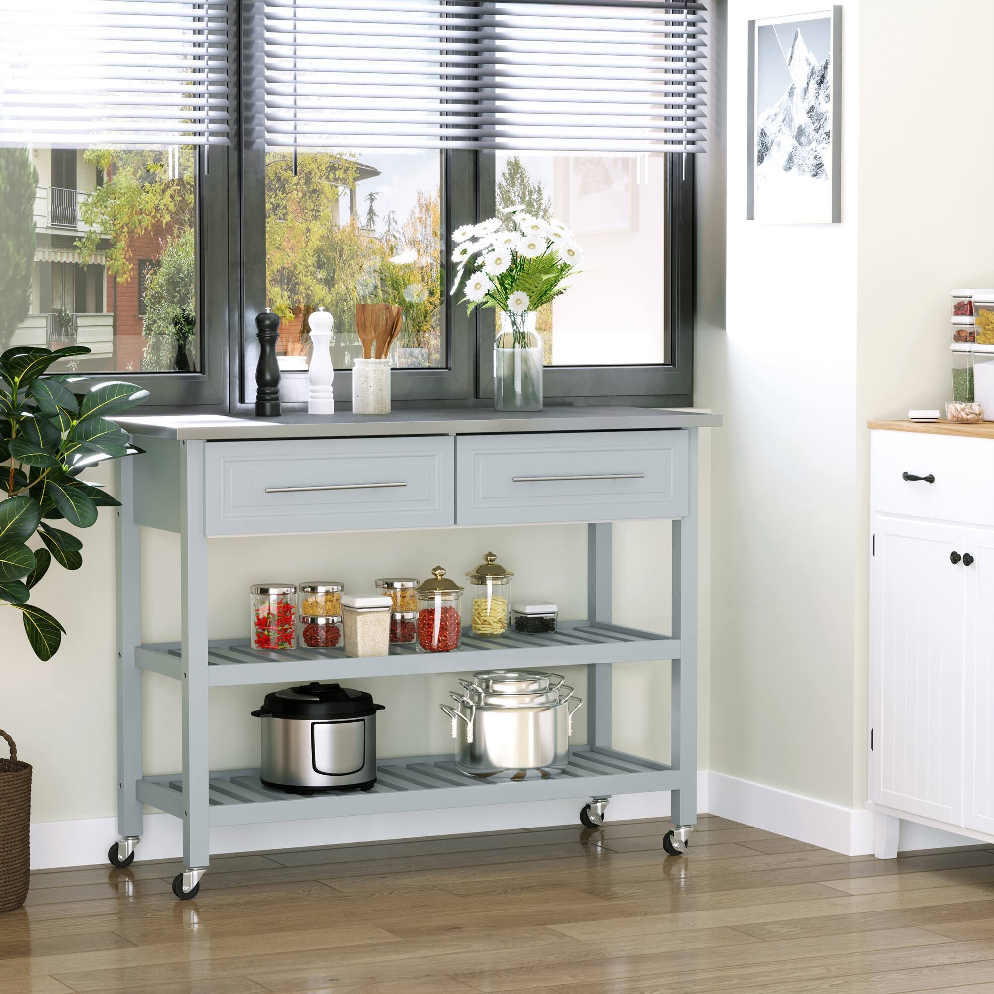 Alt View 1. Homcom - Island with Stainless Steel Top, Traditional Kitchen Island with Storage - Grey.