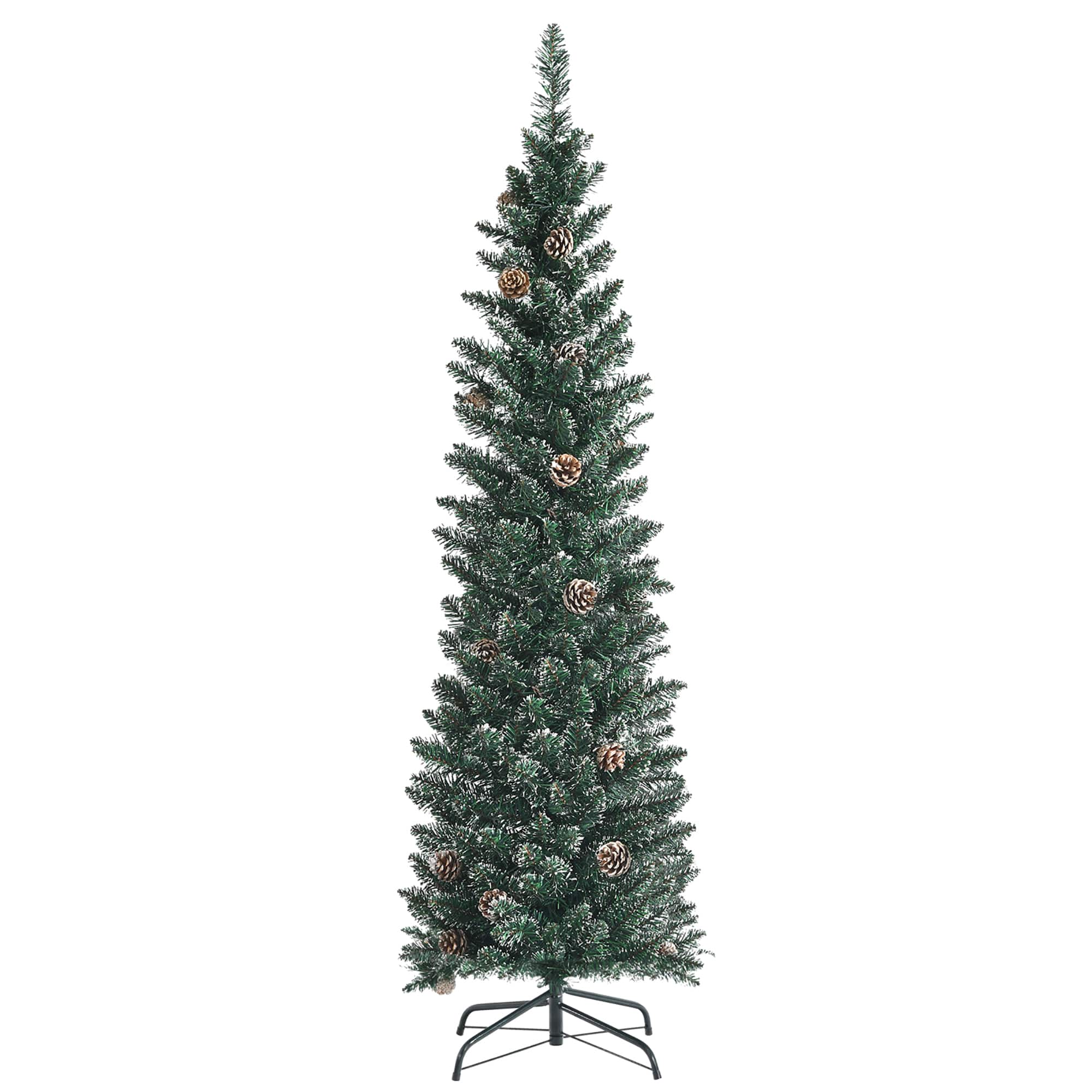 Costway - 5ft Unlit Snowy PVC Artificial Slim Christmas Pencil Tree w/ Pine Cones - Green